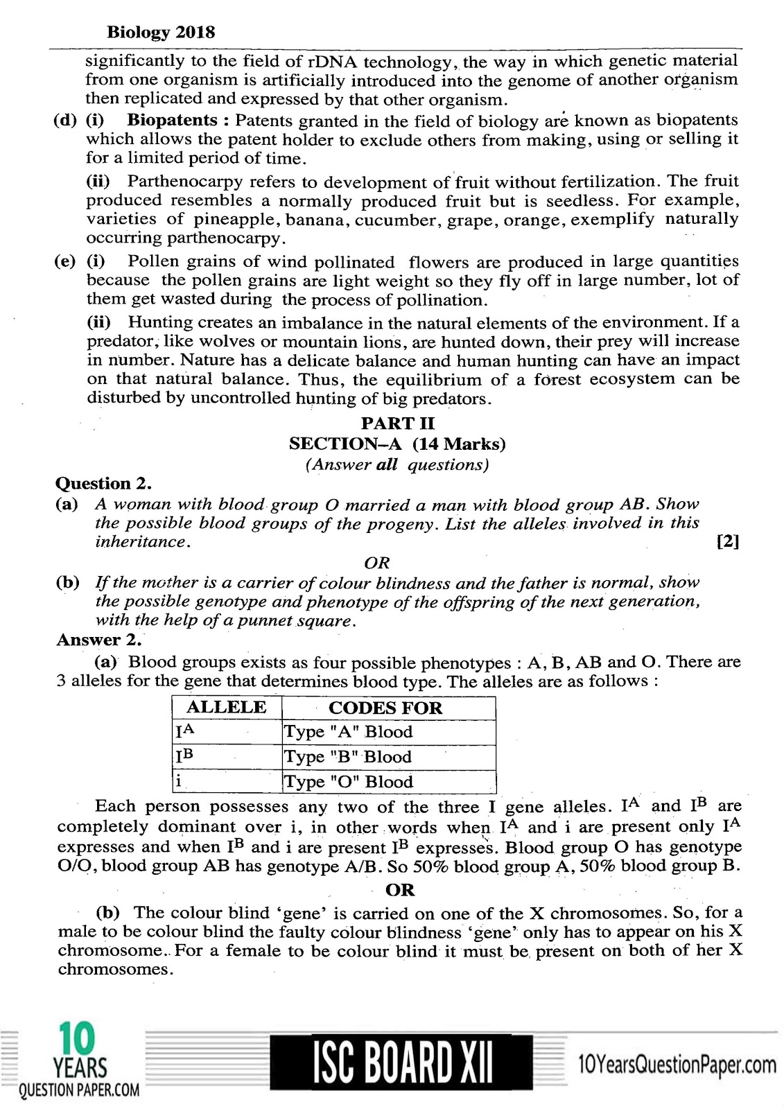 ISC Class 12 Biology Solved 2018 Question Paper