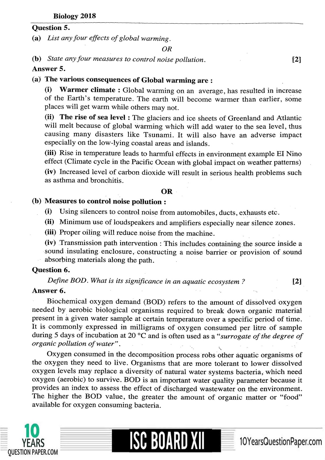 ISC biology class 12 previous year solved paper 2018 - Download Sample solv...