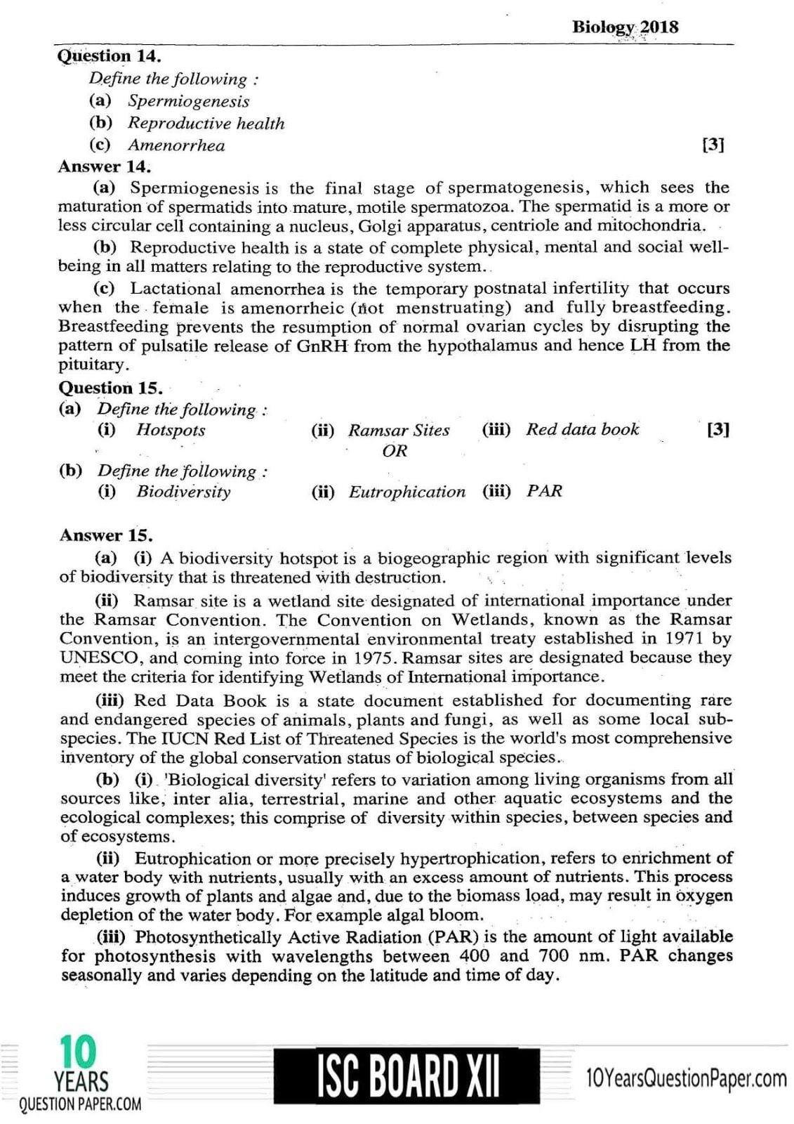 ISC Class 12 Biology Solved 2018 Question Paper