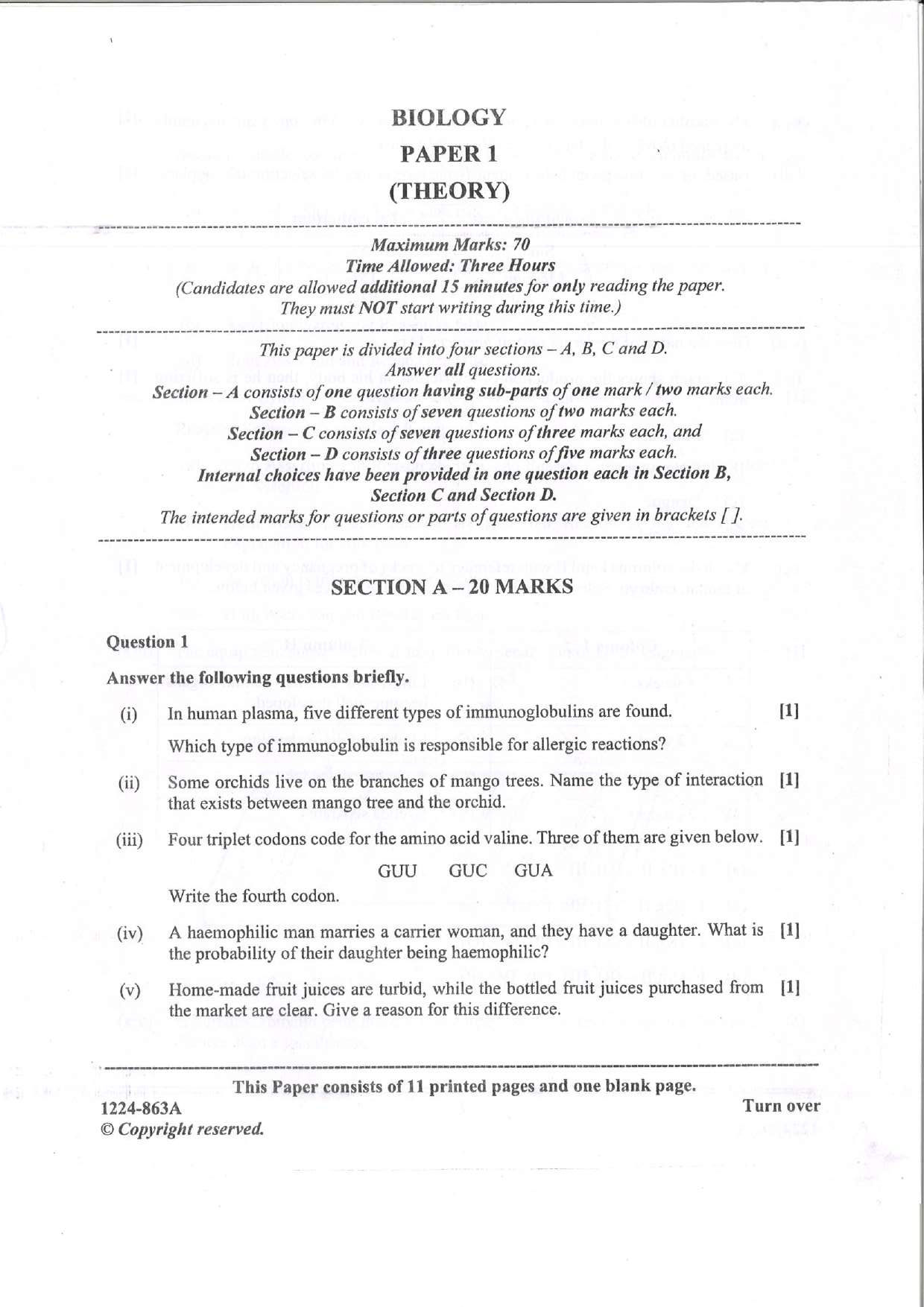 ISC 2024 Biology Question Paper for Class 12 — page 1
