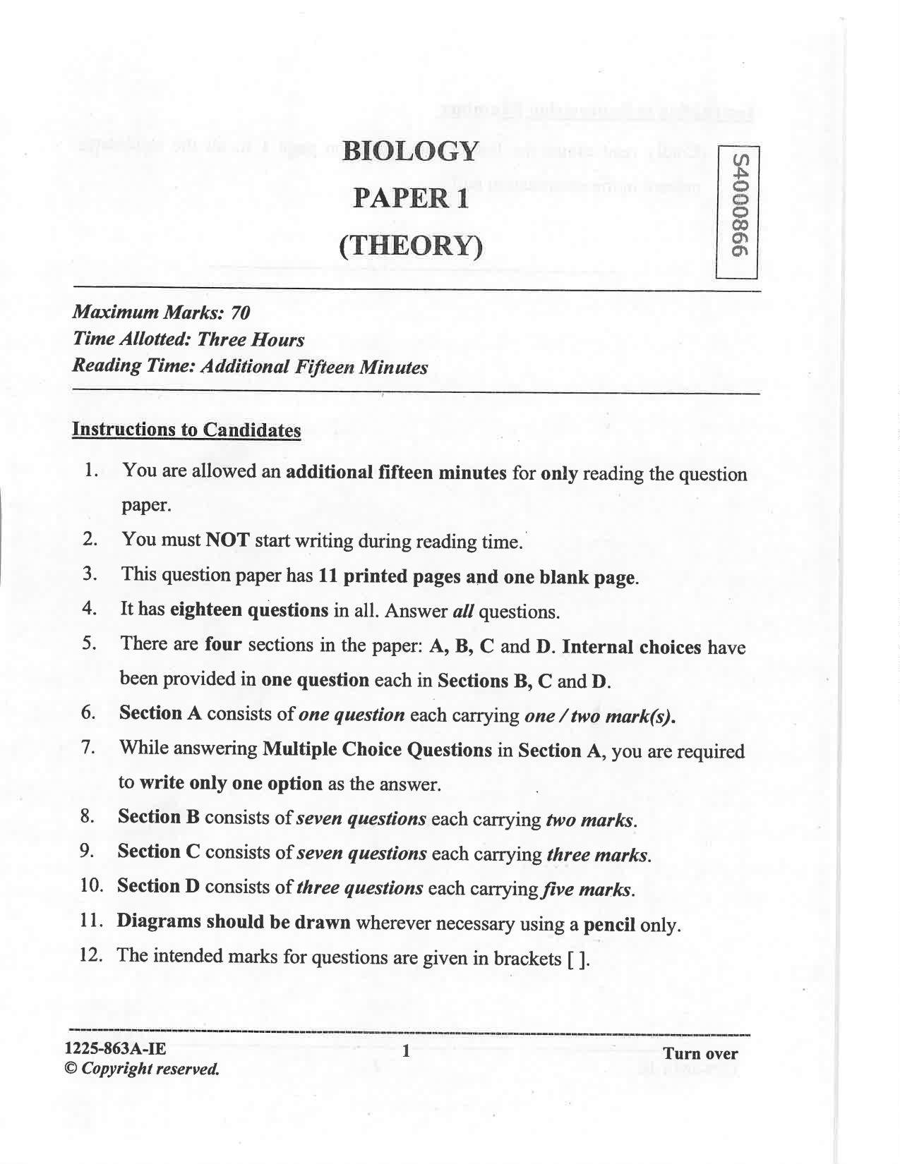 ISC 2025 Biology Improvement Examination Question Paper for Class 12 — page 1