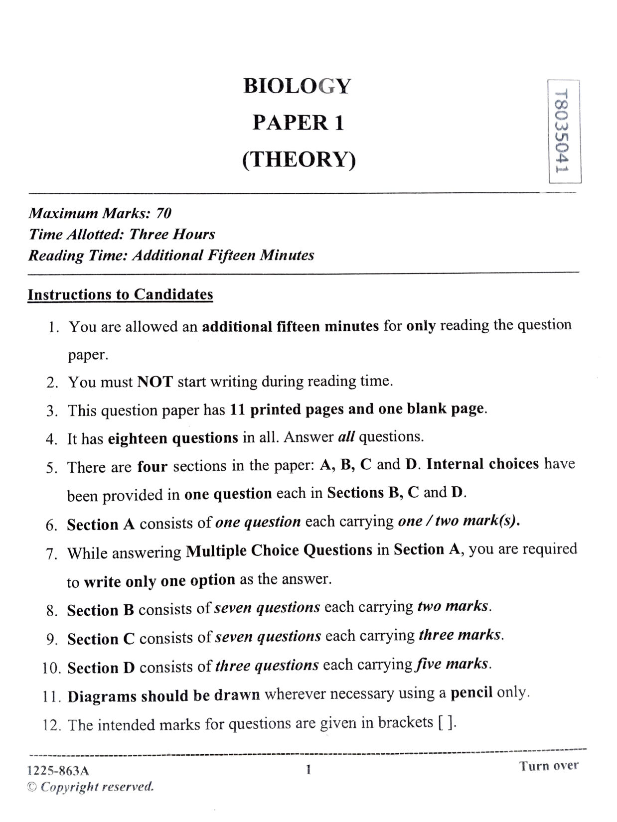 ISC 2025 Biology Question Paper for Class 12 — page 1