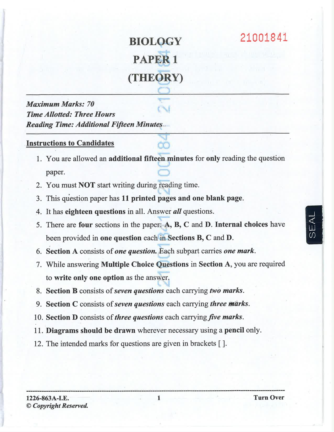ISC 2026 Biology Improvement Examination Question Paper for Class 12 — page 1