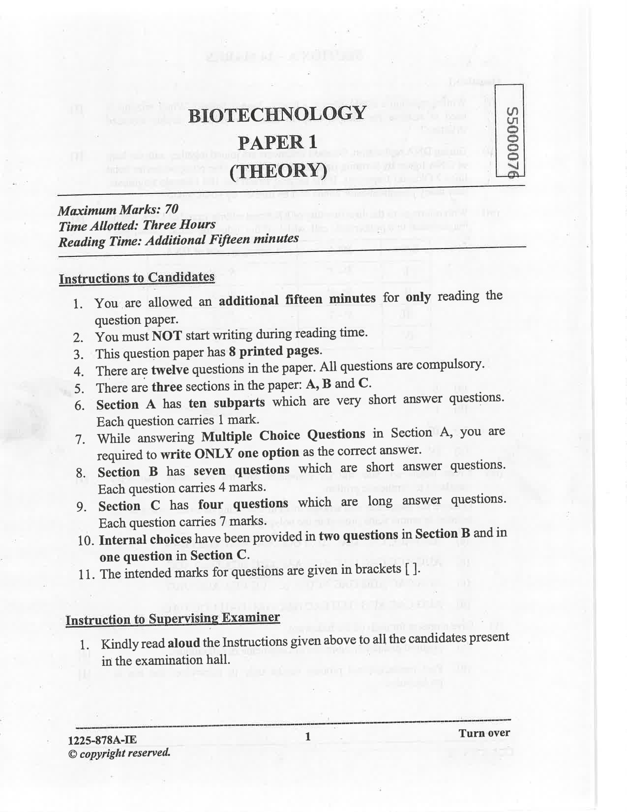 ISC 2025 Biotechnology Improvement Examination Question Paper for Class 12 — page 1