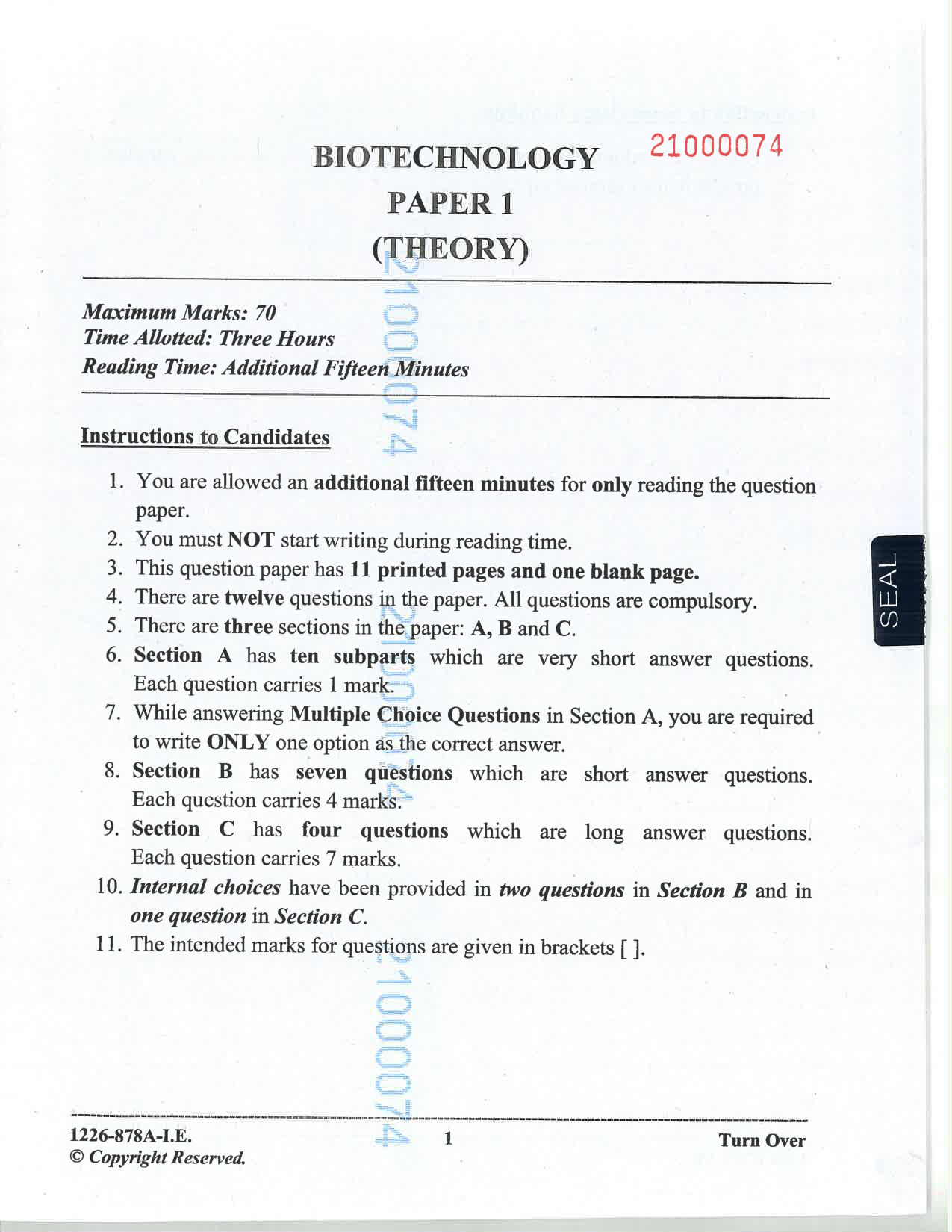 ISC 2026 Biotechnology Improvement Examination Question Paper for Class 12 — page 1