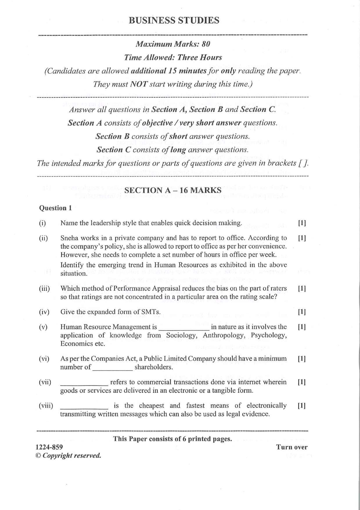 ISC 2024 Business Studies Question Paper for Class 12 — page 1