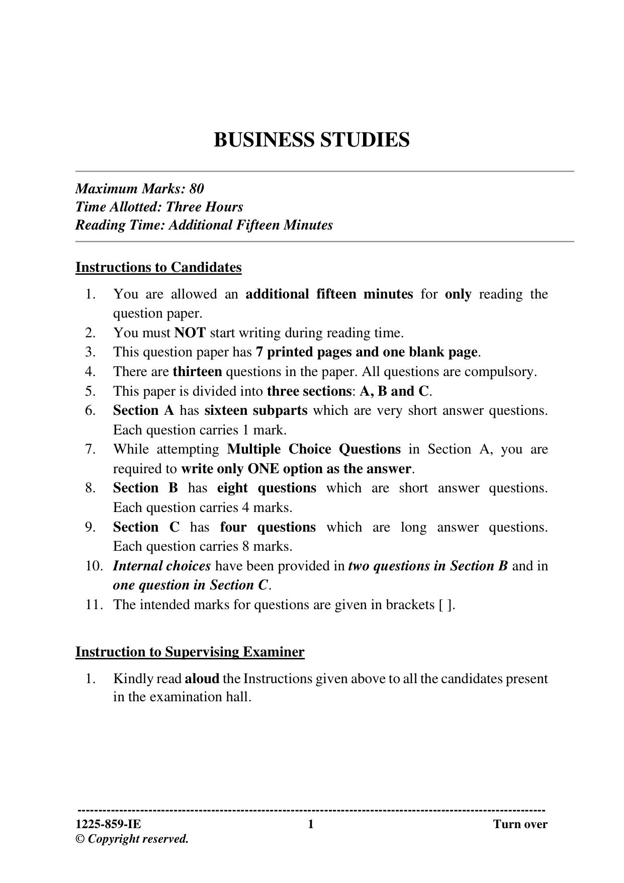 ISC 2025 Business Studies Improvement Examination Question Paper for Class 12 — page 1