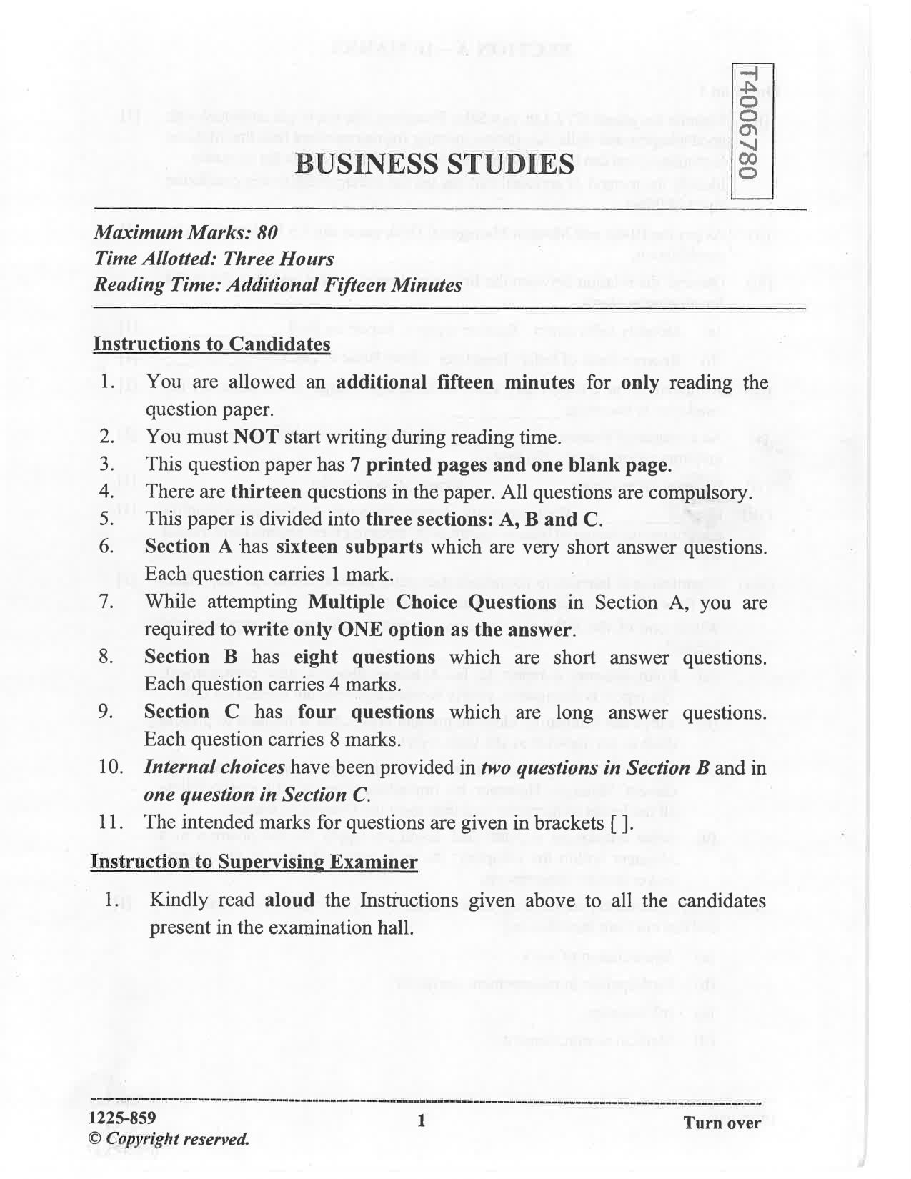 ISC 2025 Business Studies Question Paper for Class 12 — page 1