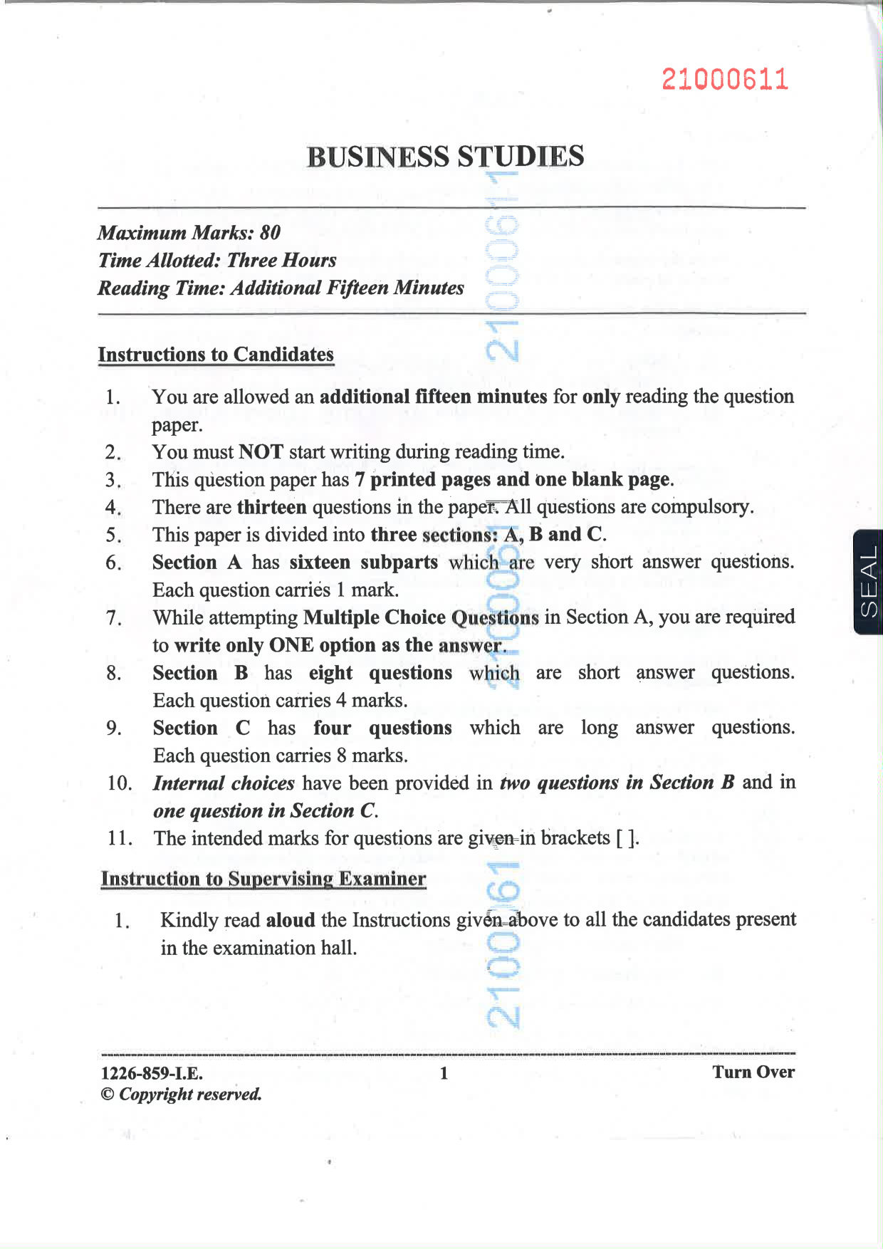 ISC 2026 Business Studies Improvement Examination Question Paper for Class 12 — page 1