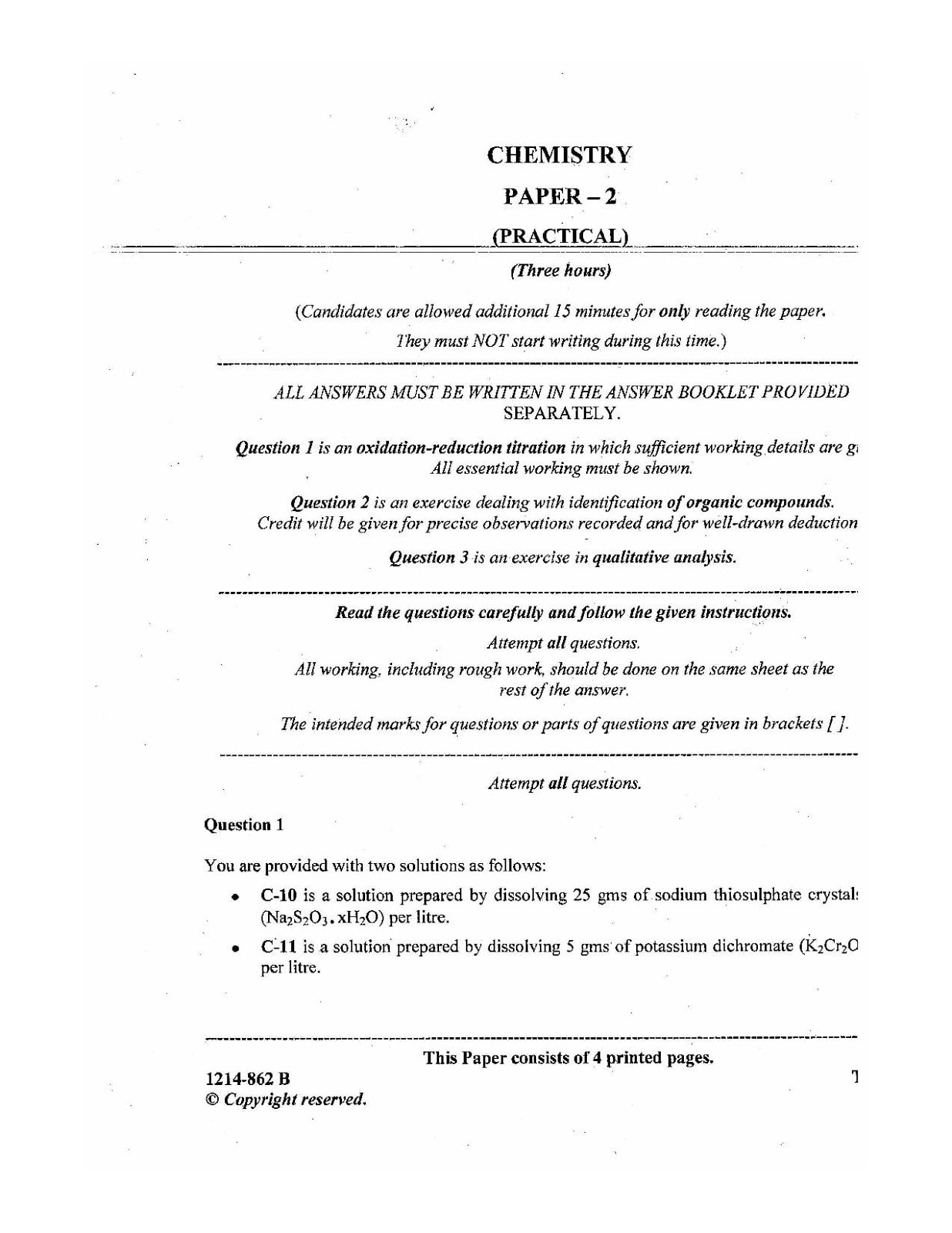 ISC Class 12 Chemistry Practical 2014 Question Paper