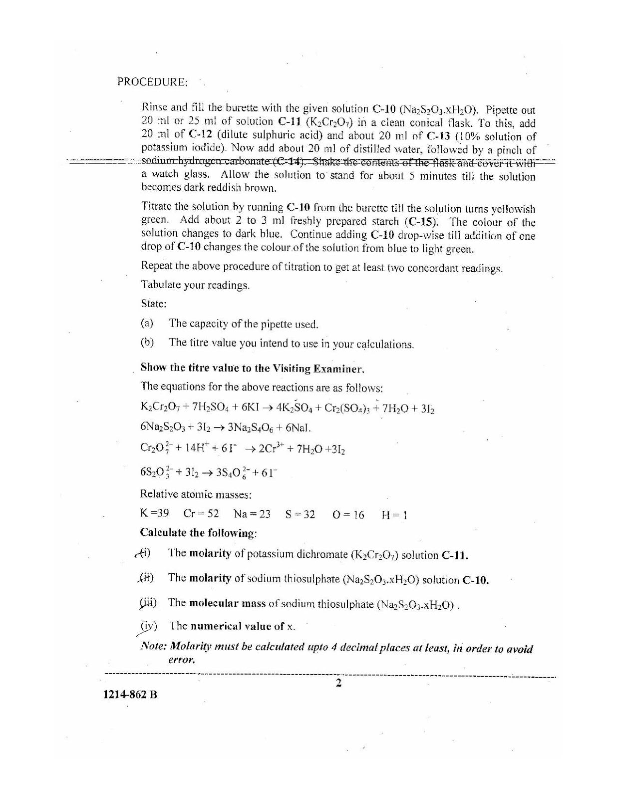 ISC Class 12 Chemistry Practical 2014 Question Paper