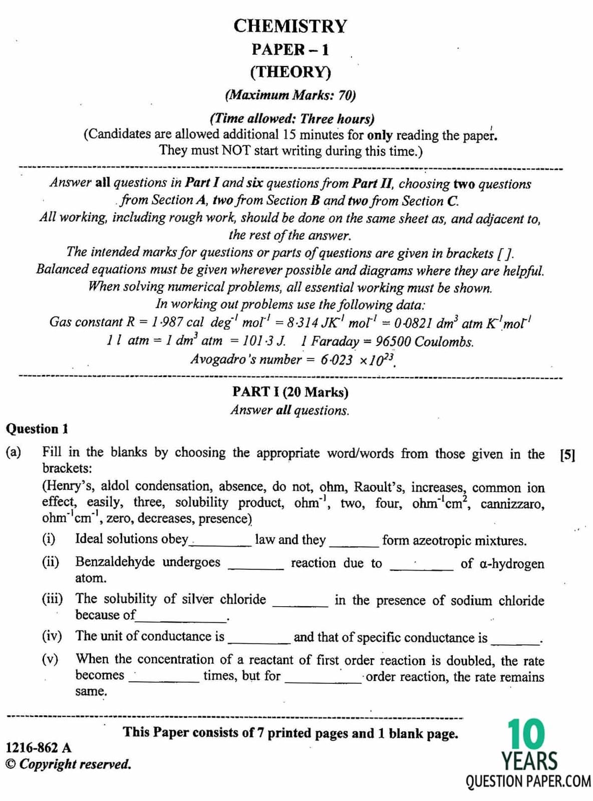 ISC Class 12 Chemistry 2016 Question Paper