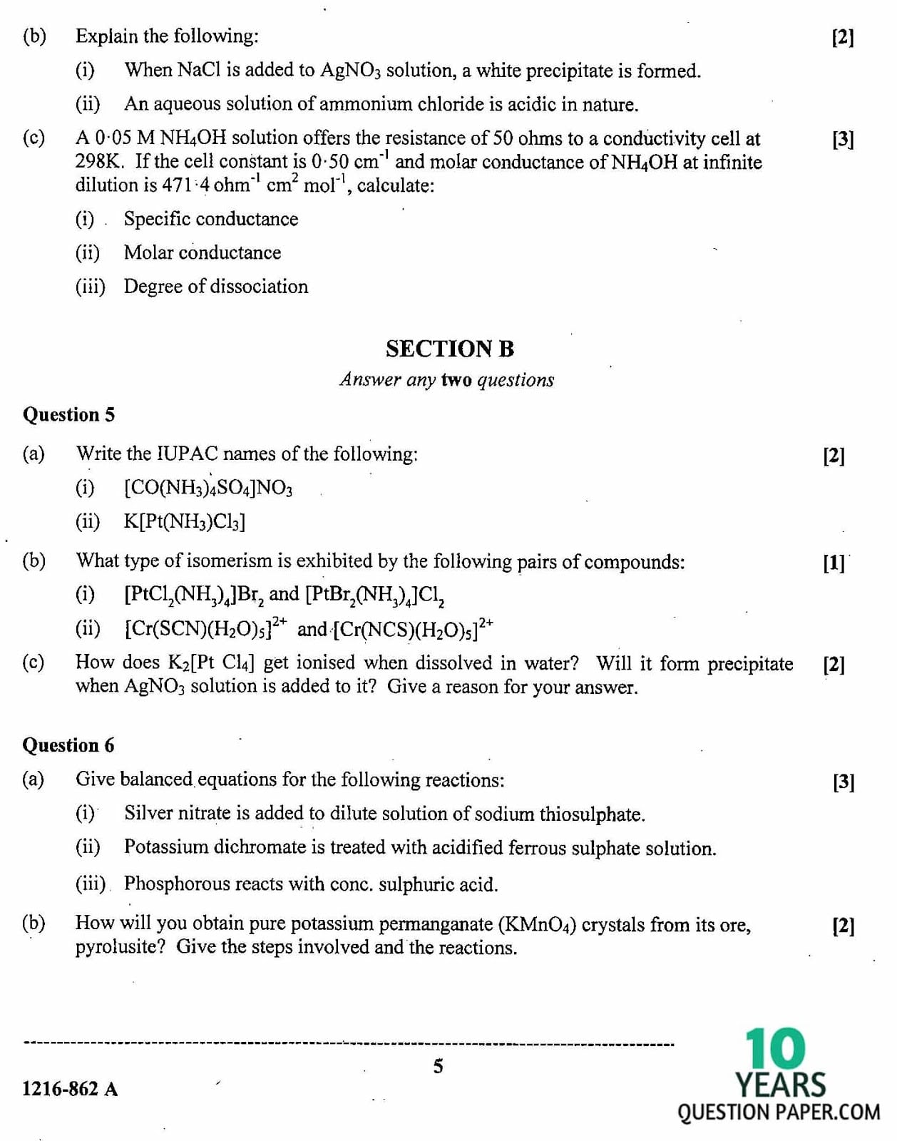 ISC Class 12 Chemistry 2016 Question Paper