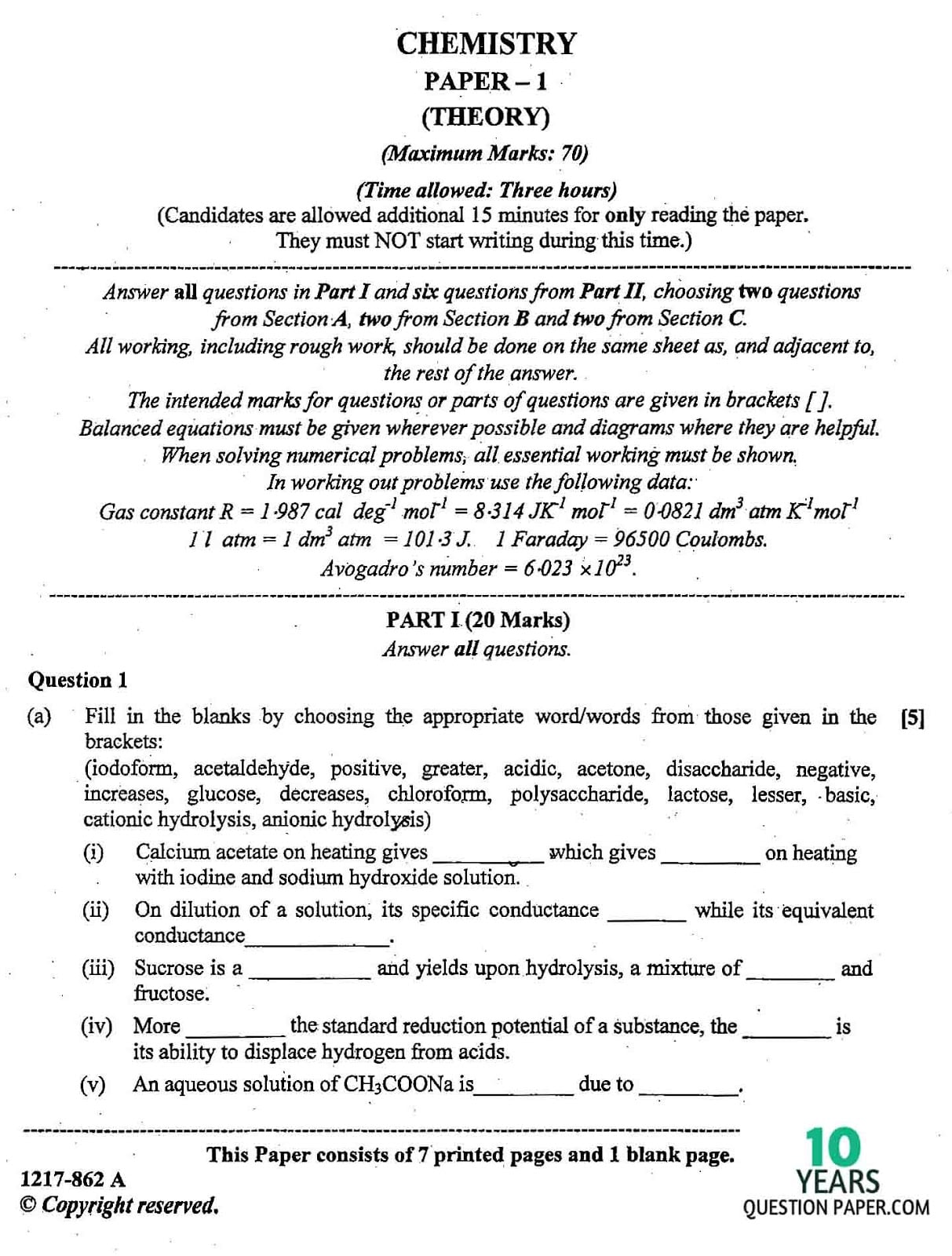 ISC Class 12 Chemistry 2017 Question Paper