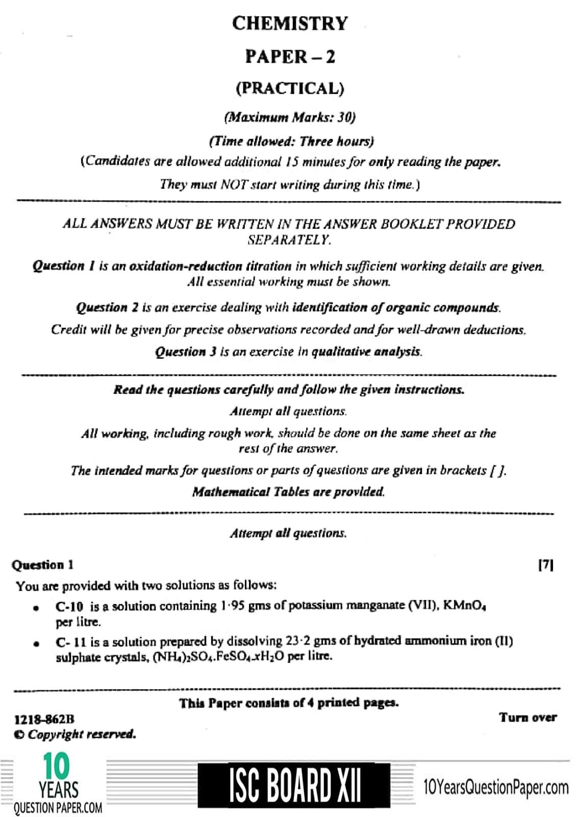 ISC Class 12 Chemistry Practical 2018 Question Paper