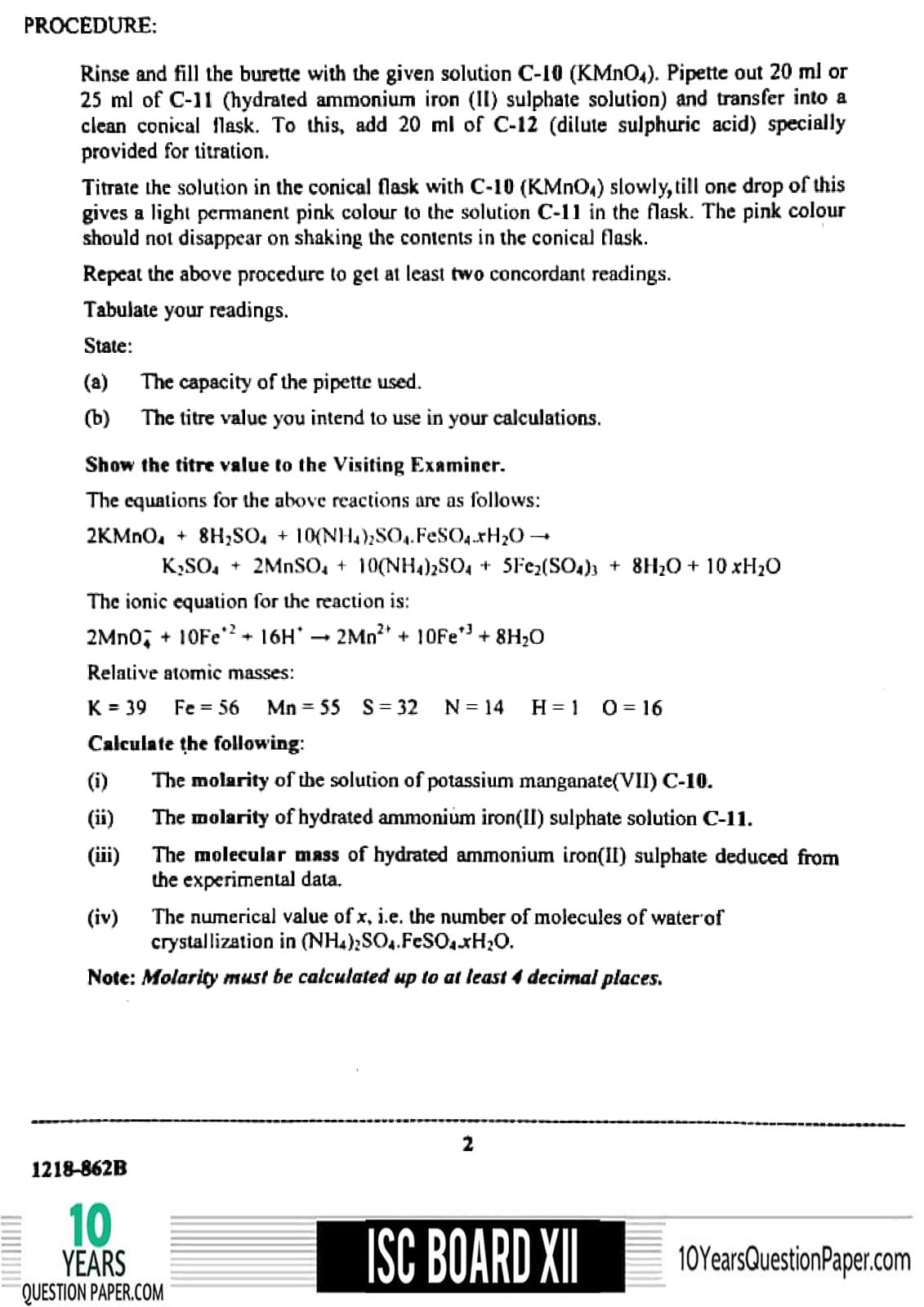 Isc 2018 Chemistry Practical Question Paper For Class 12