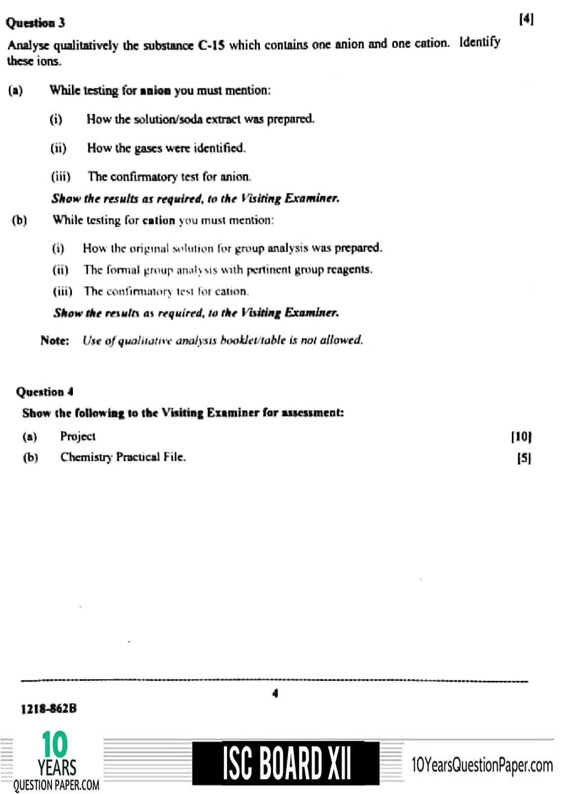 Isc 2018 Chemistry Practical Question Paper For Class 12