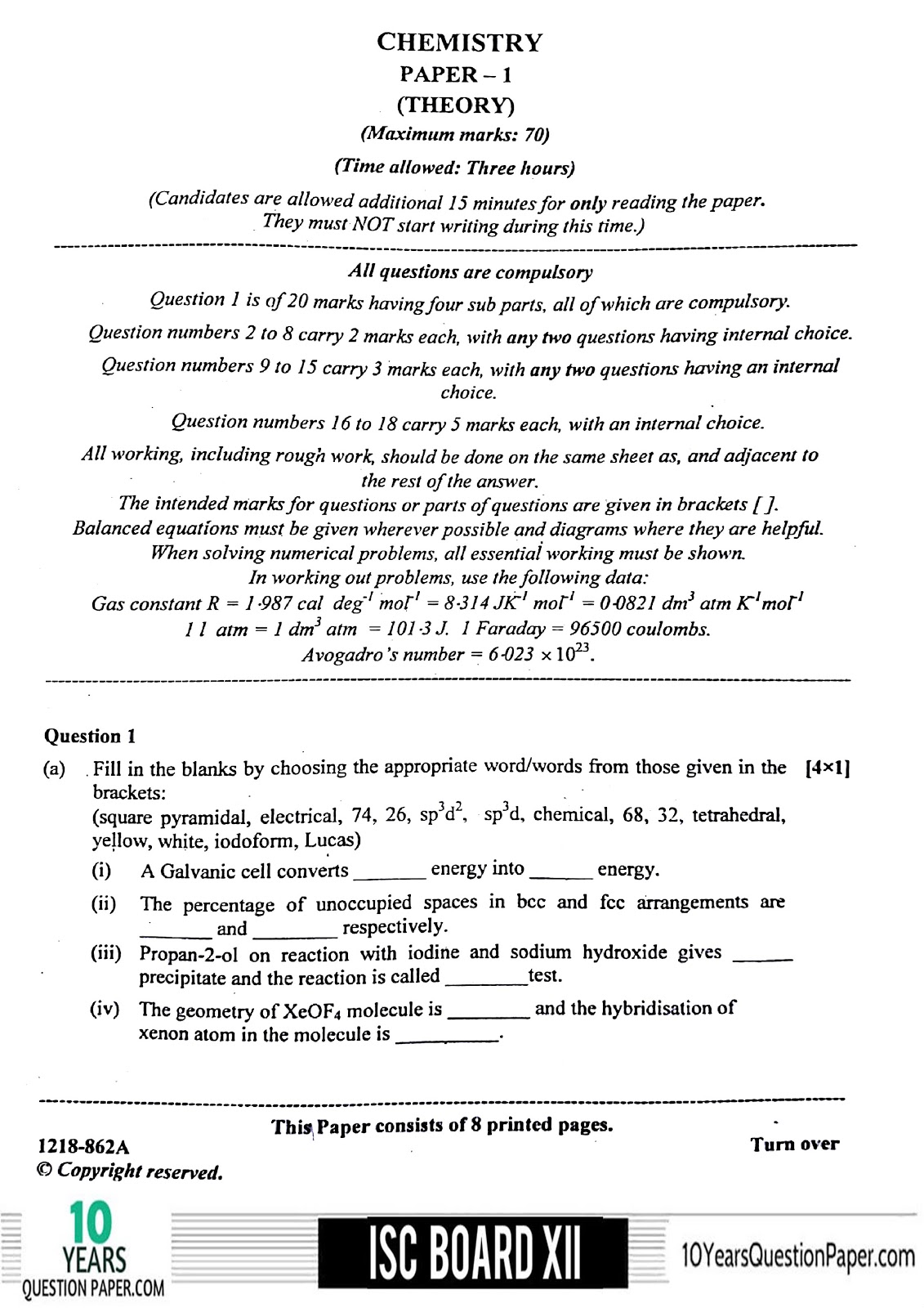ISC Class 12 Chemistry 2018 Question Paper
