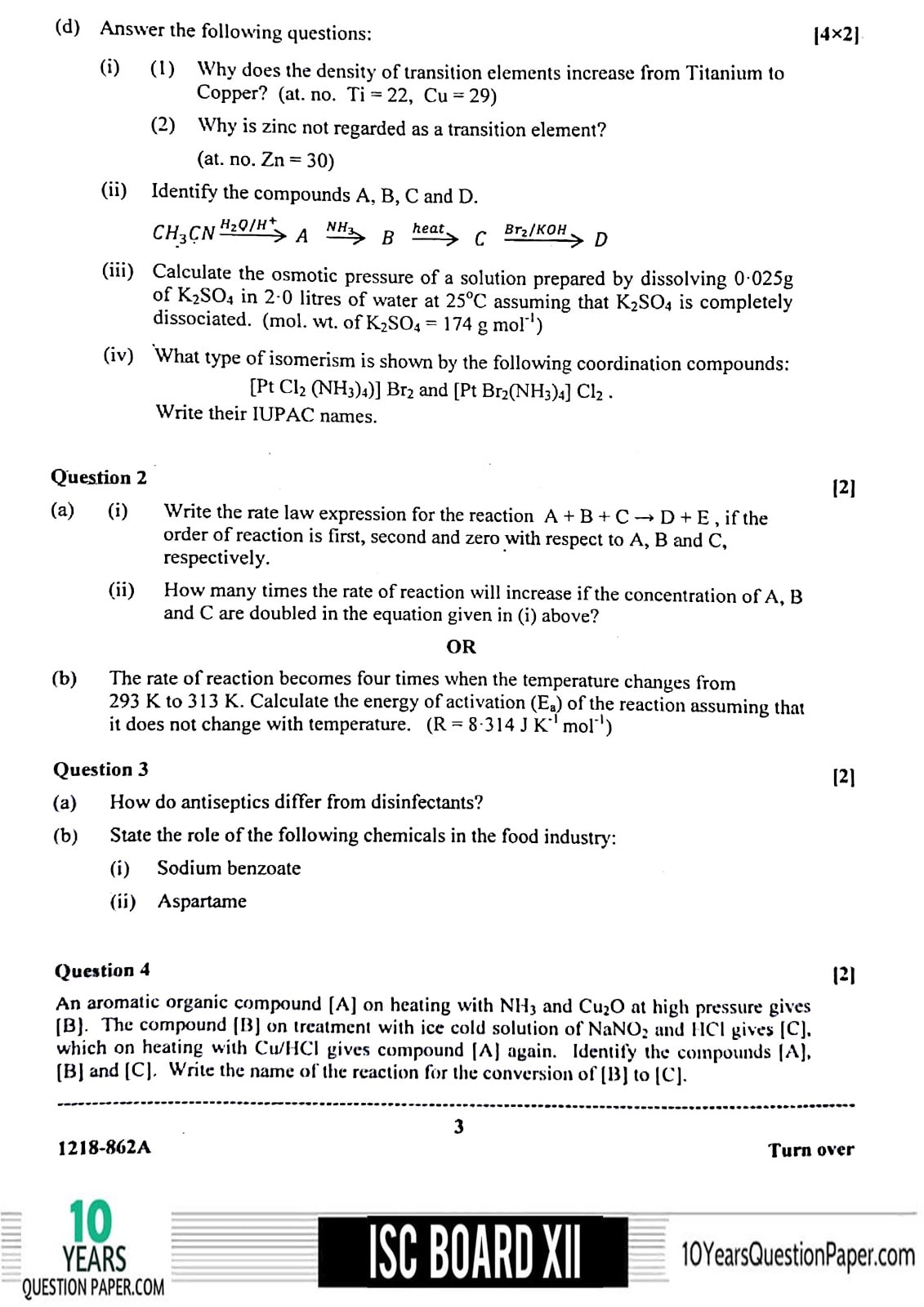 ISC Class 12 Chemistry 2018 Question Paper