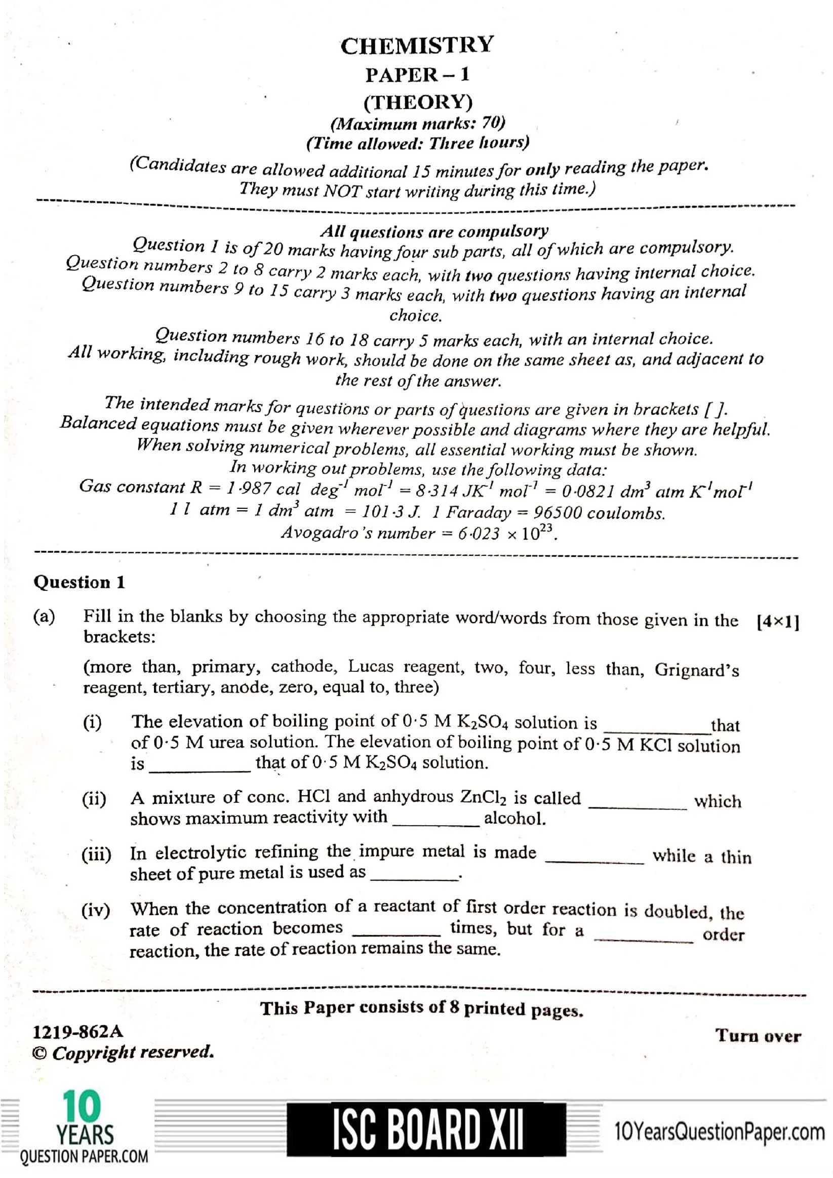 ISC Class 12 Chemistry 2019 Question Paper