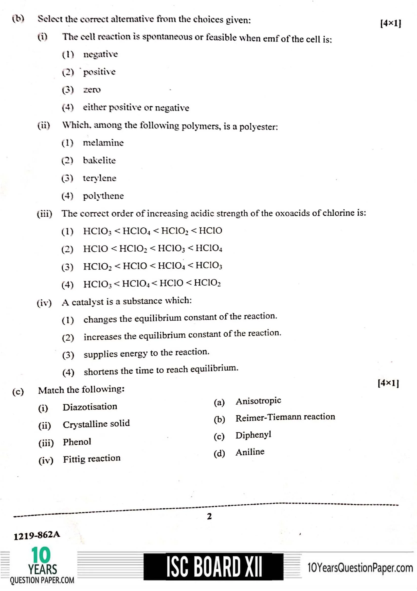 ISC Class 12 Chemistry 2019 Question Paper