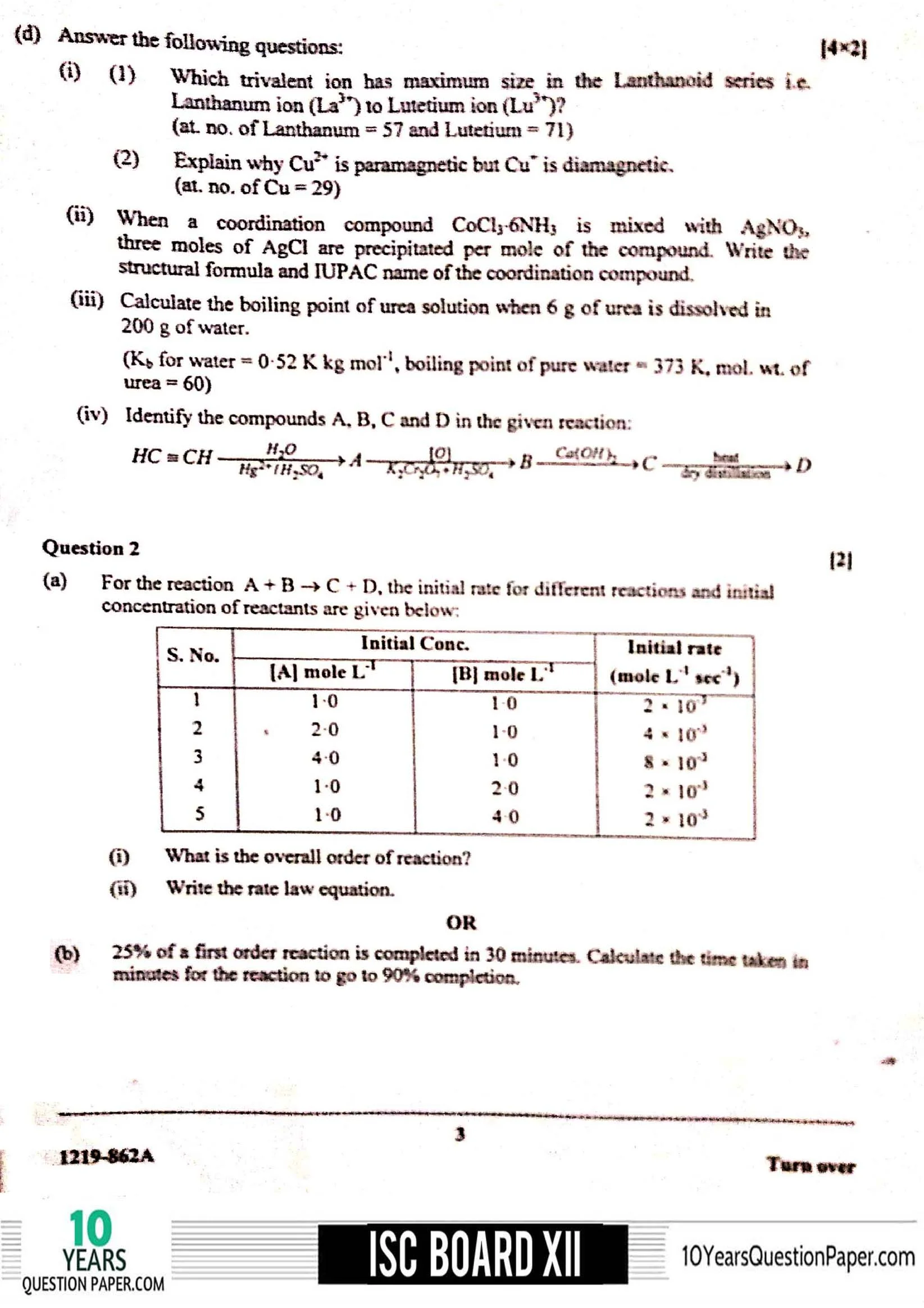 ISC Class 12 Chemistry 2019 Question Paper