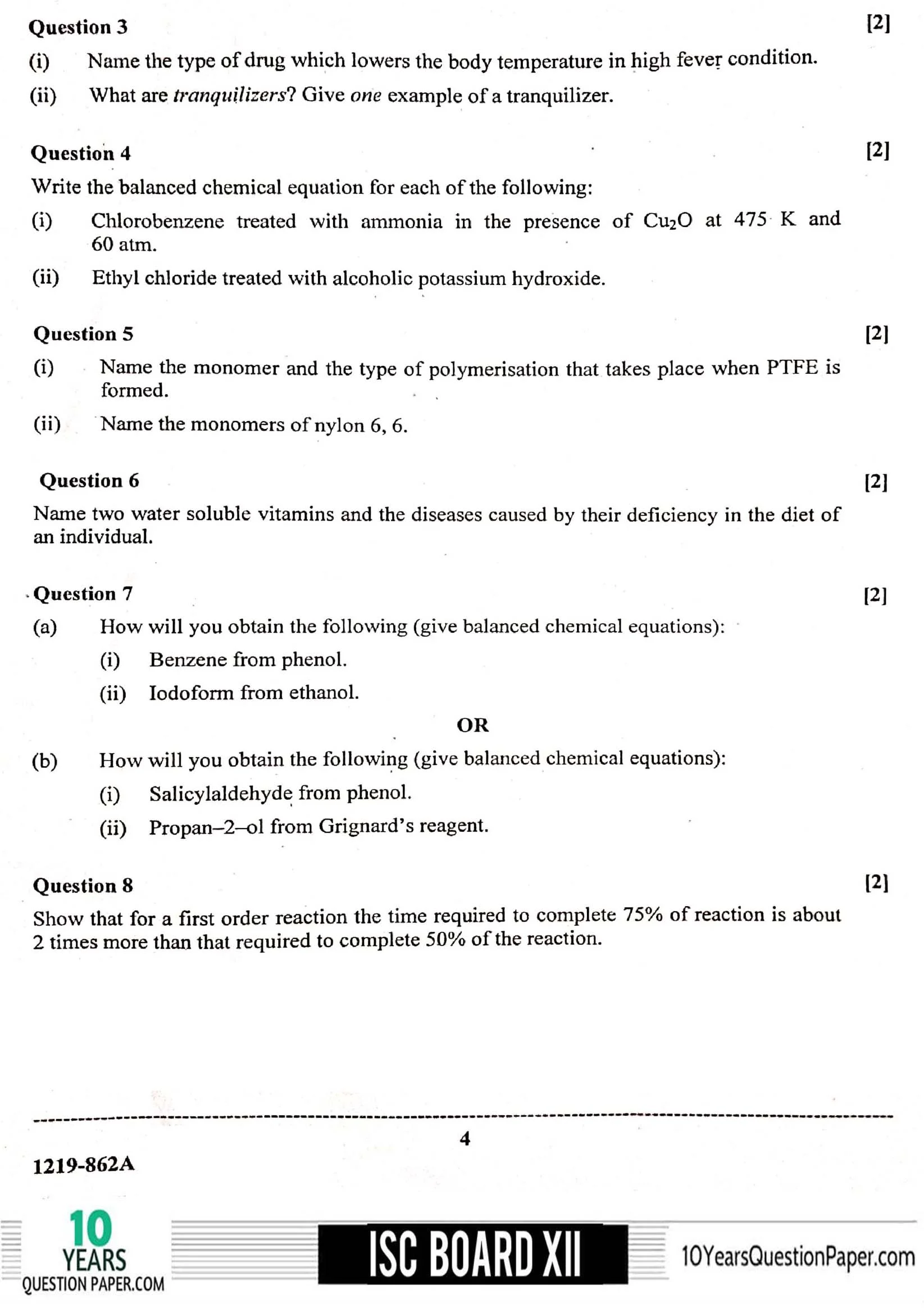 ISC Class 12 Chemistry 2019 Question Paper