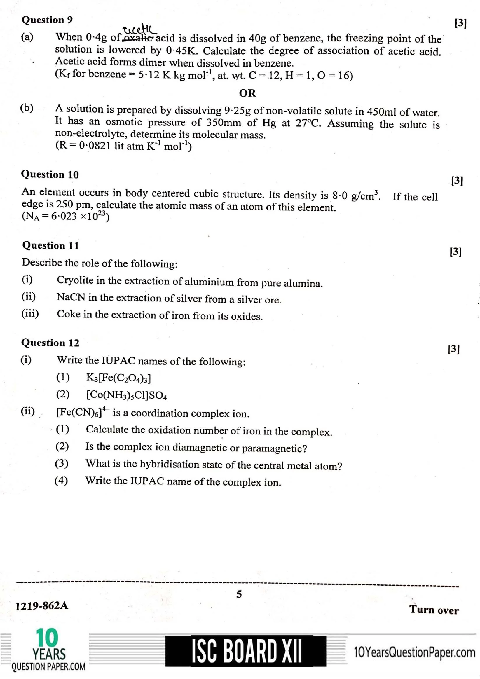 ISC Class 12 Chemistry 2019 Question Paper