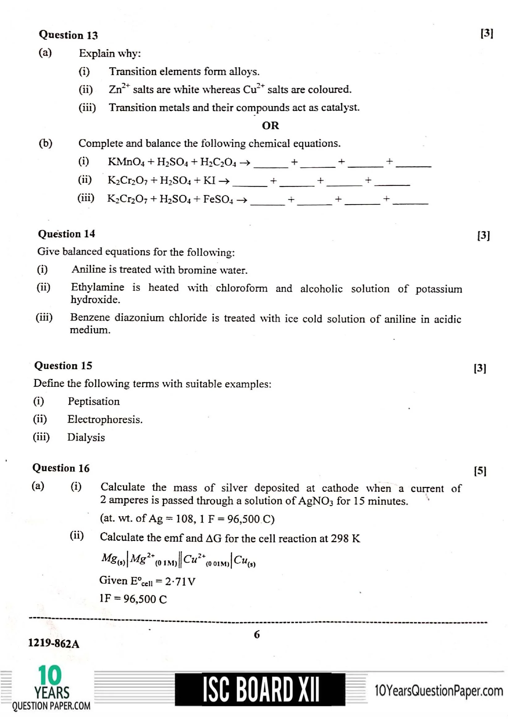 ISC Class 12 Chemistry 2019 Question Paper