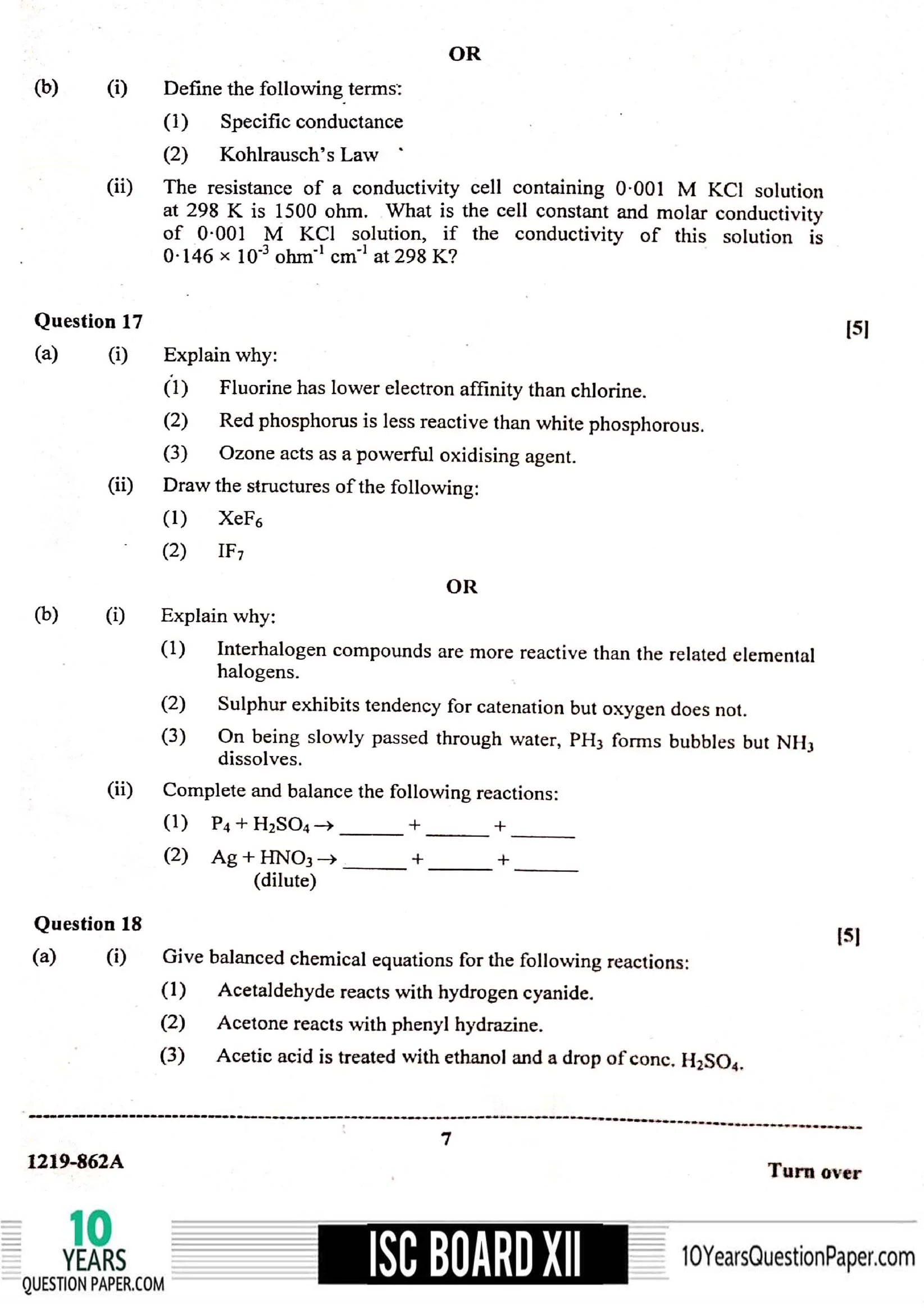 ISC Class 12 Chemistry 2019 Question Paper