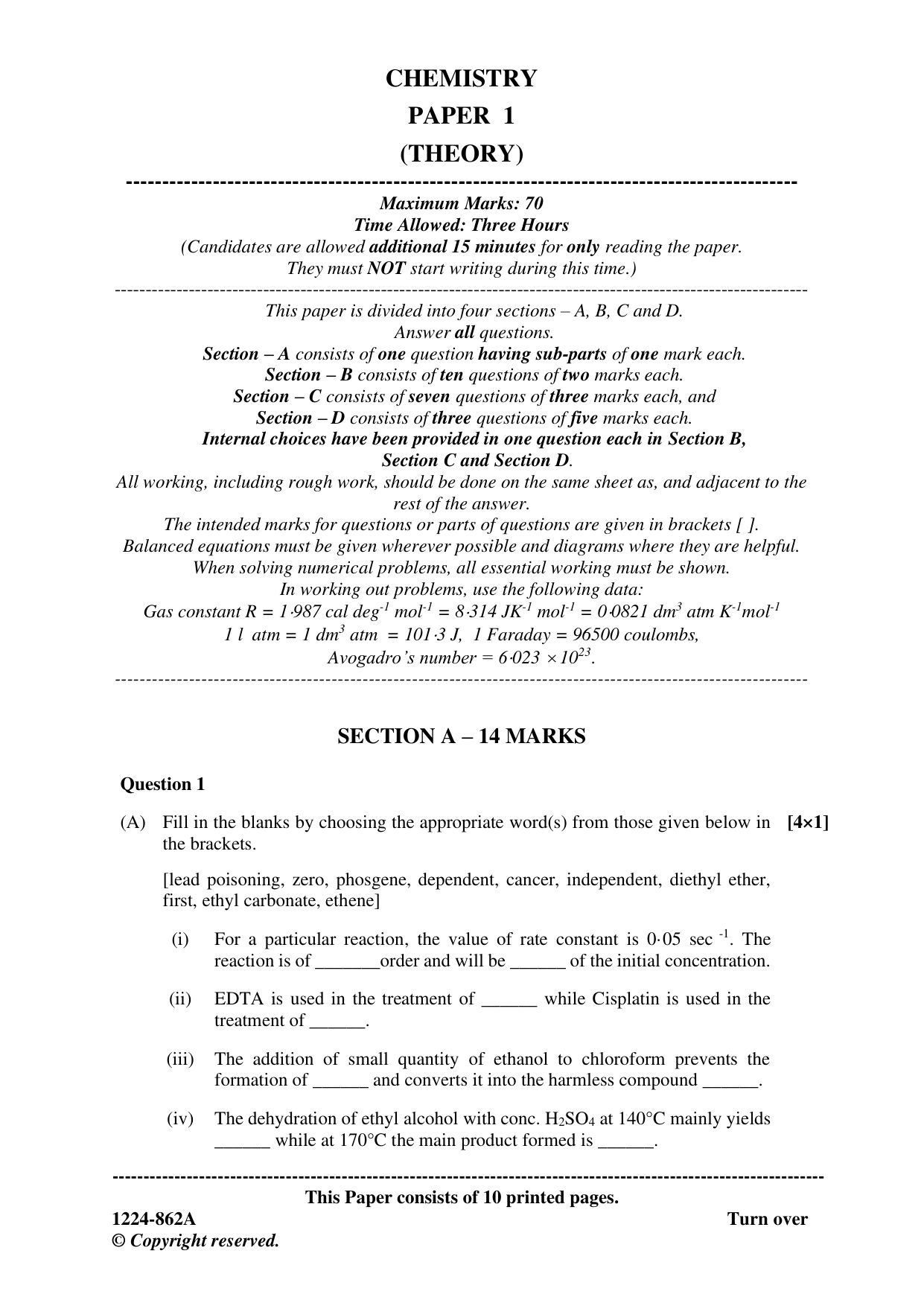 ISC 2024 Chemistry Question Paper for Class 12 — page 1