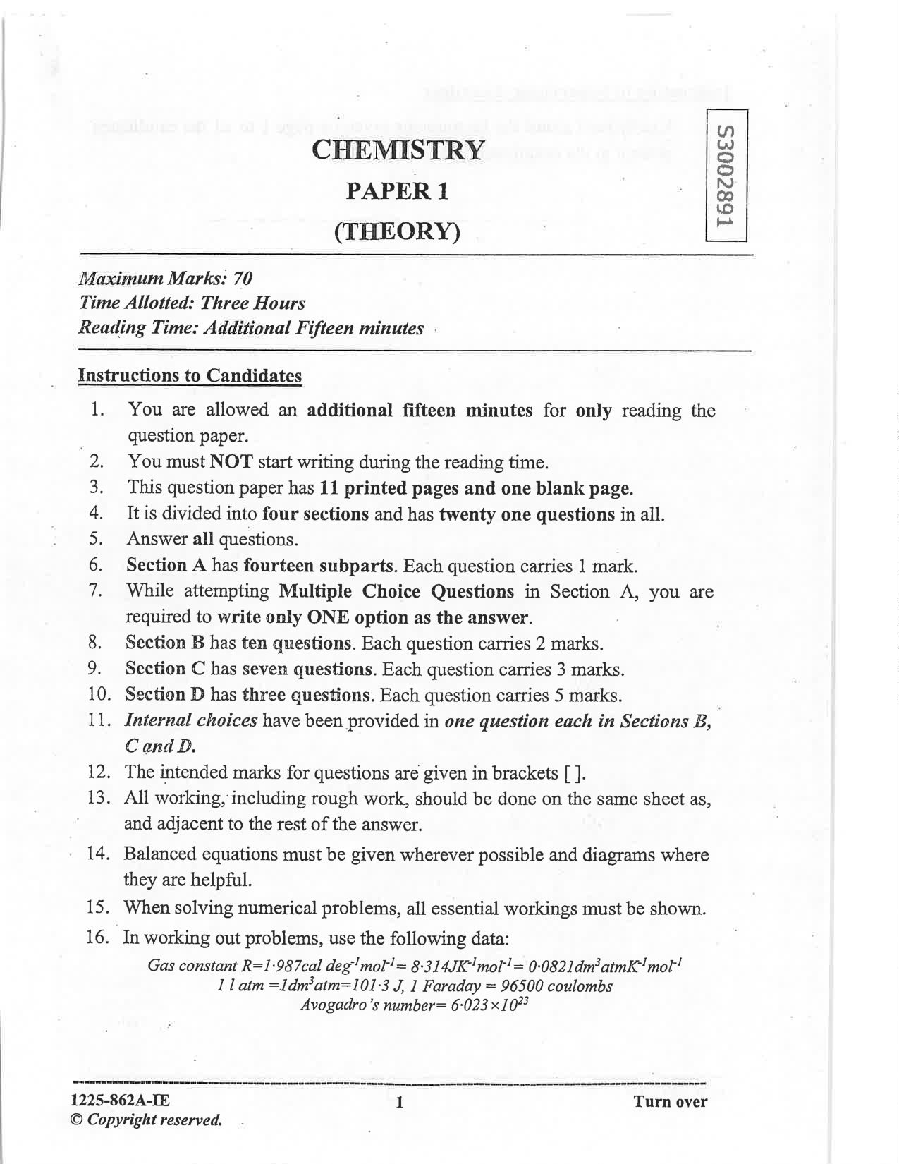 ISC 2025 Chemistry Improvement Examination Question Paper for Class 12 — page 1