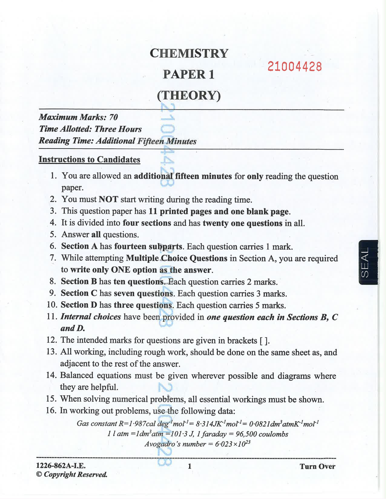 ISC 2026 Chemistry Improvement Examination Question Paper for Class 12 — page 1