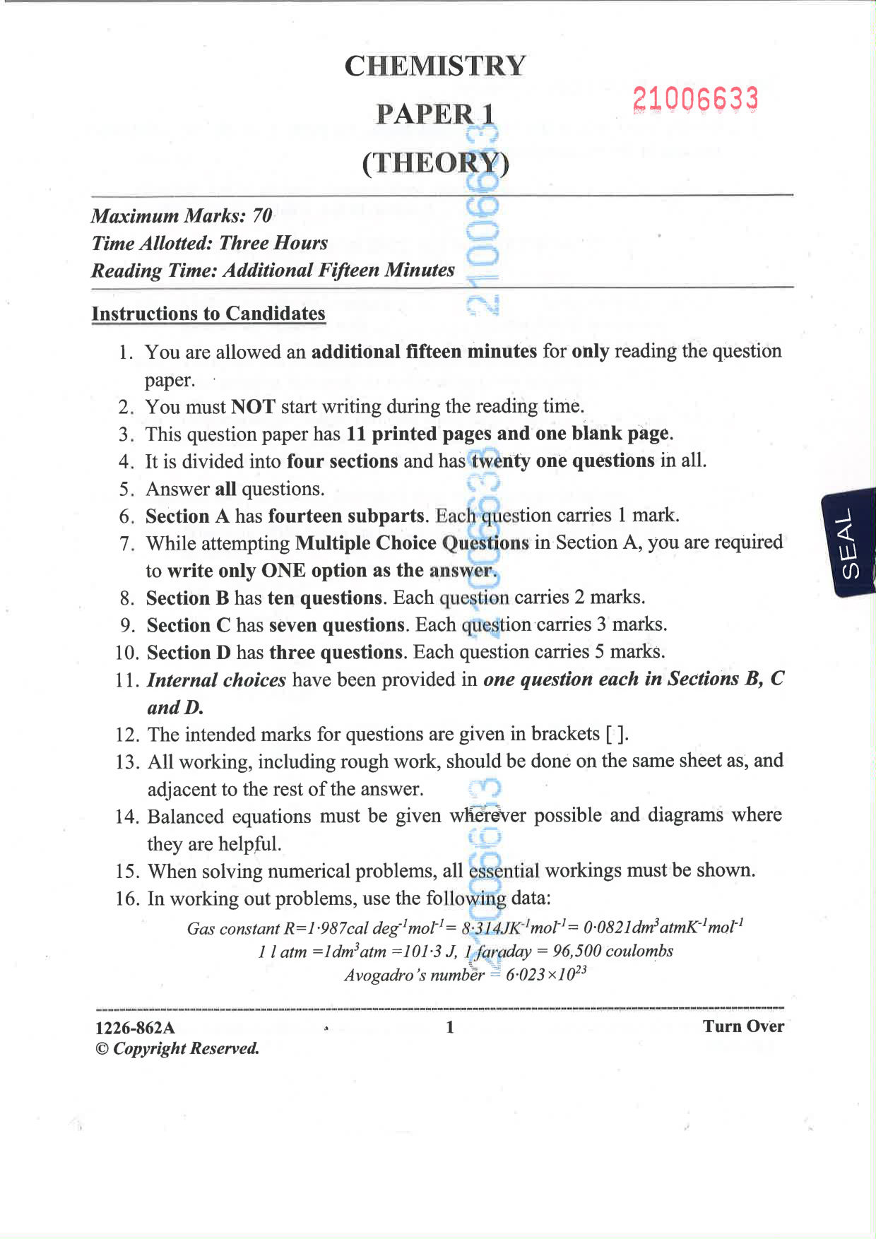 ISC 2026 Chemistry Question Paper for Class 12 — page 1