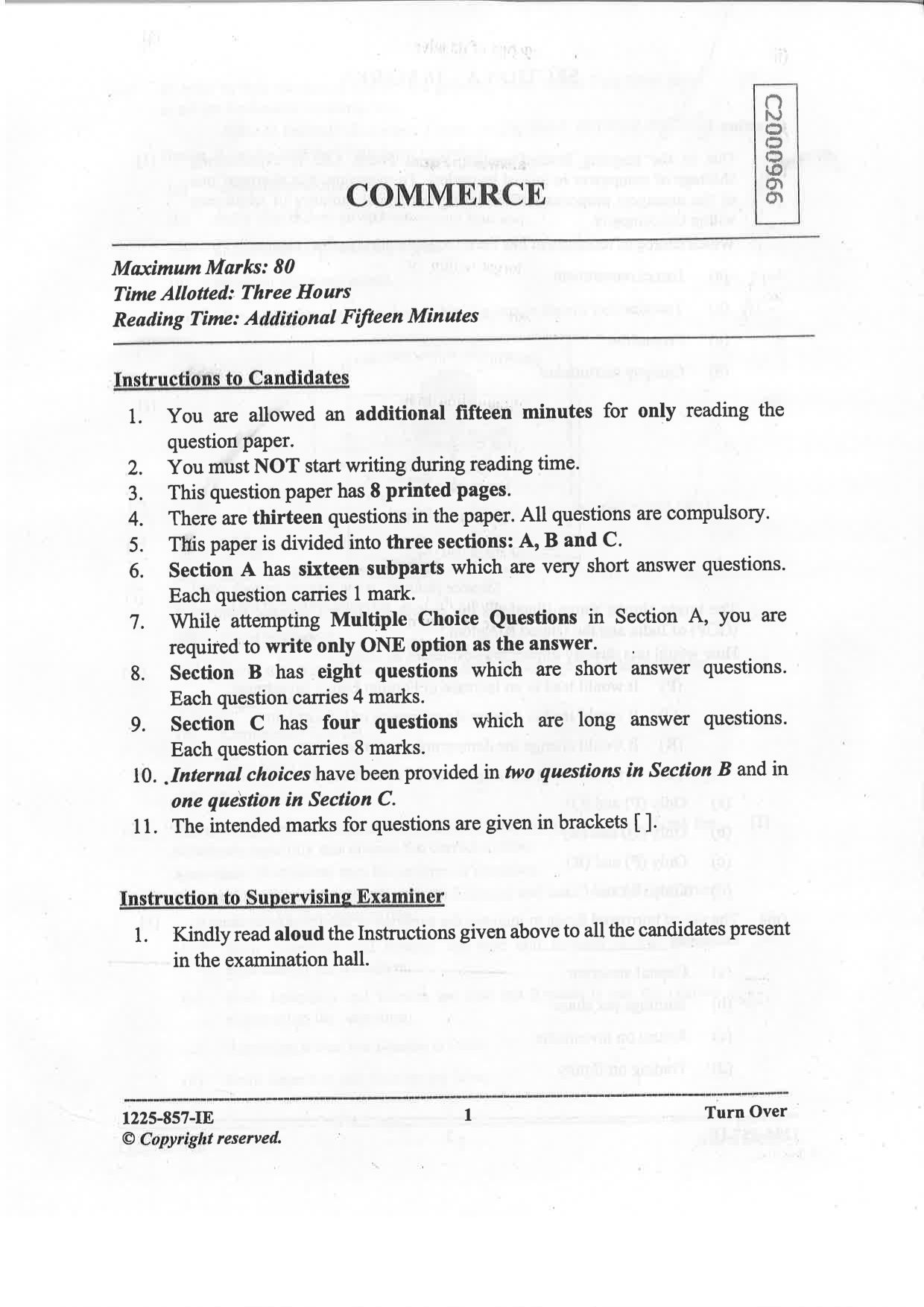ISC 2025 Commerce Improvement Examination Question Paper for Class 12 — page 1