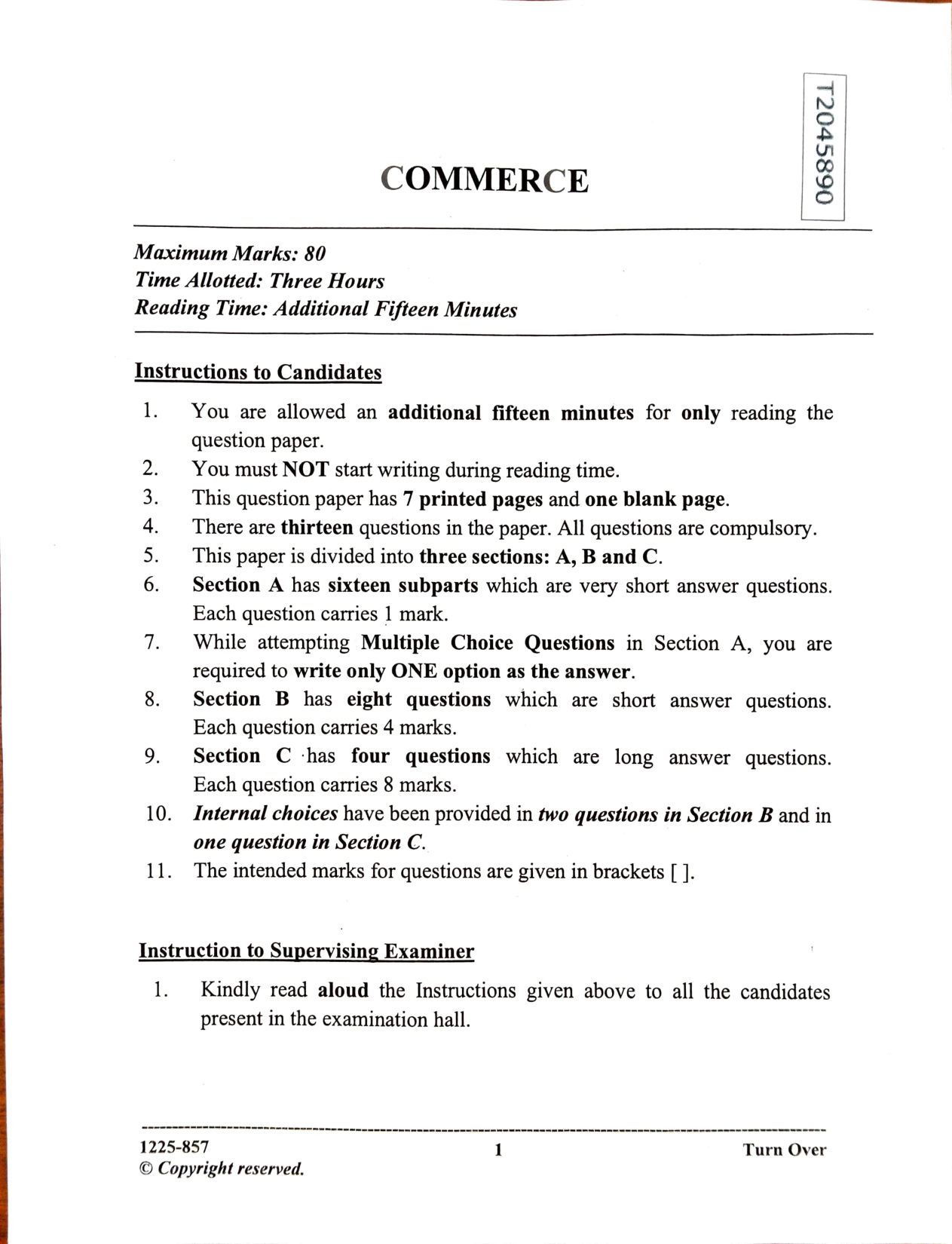 ISC 2025 Commerce Question Paper for Class 12 — page 1