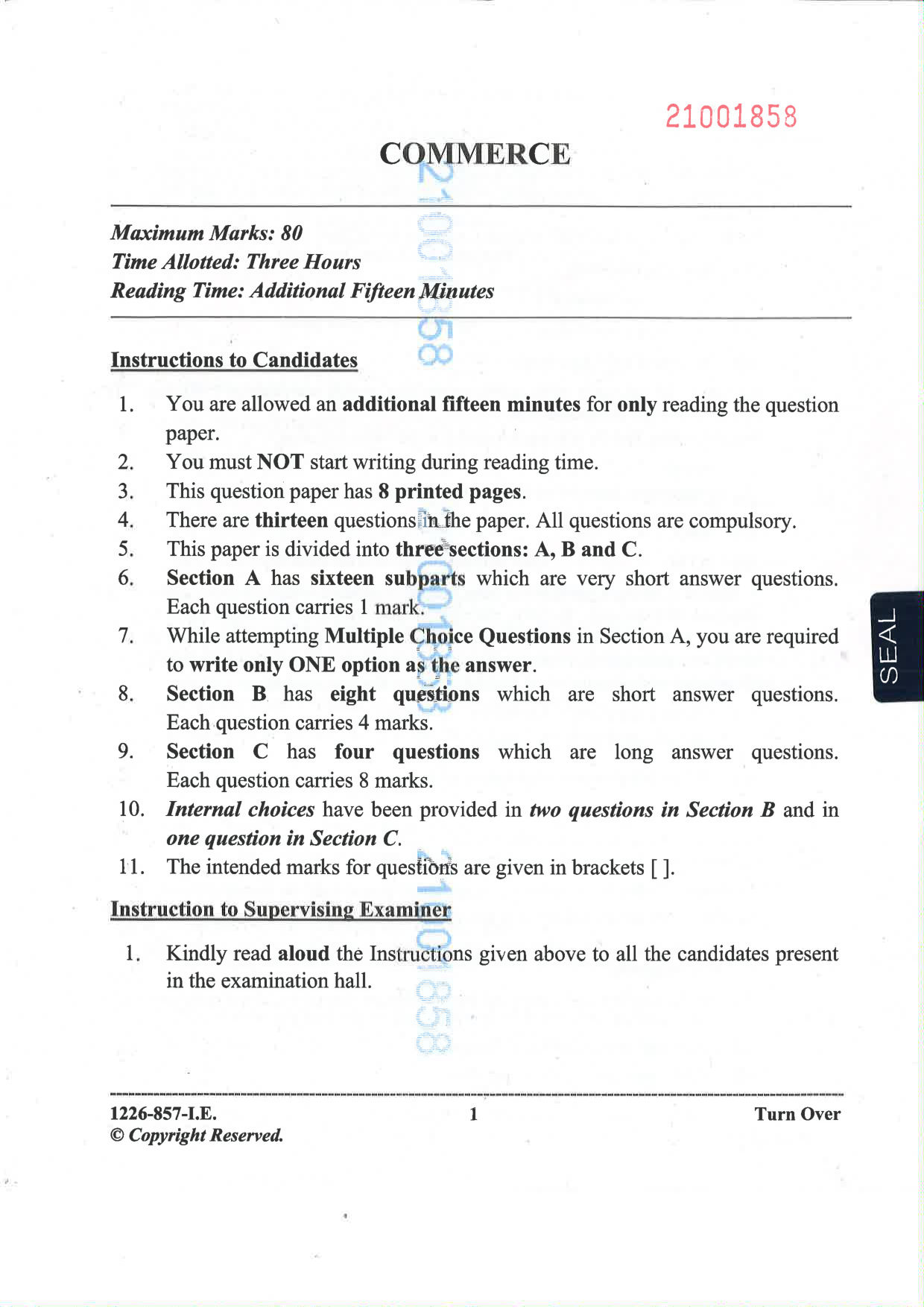 ISC 2026 Commerce Improvement Examination Question Paper for Class 12 — page 1