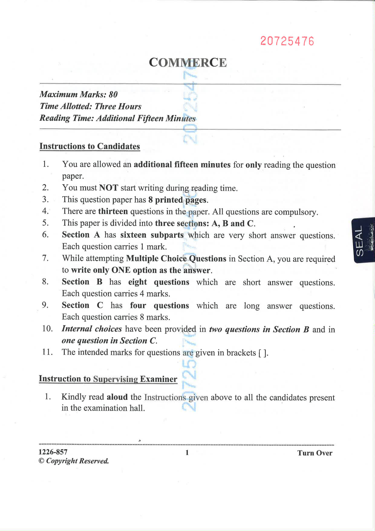 ISC 2026 Commerce Question Paper for Class 12 — page 1