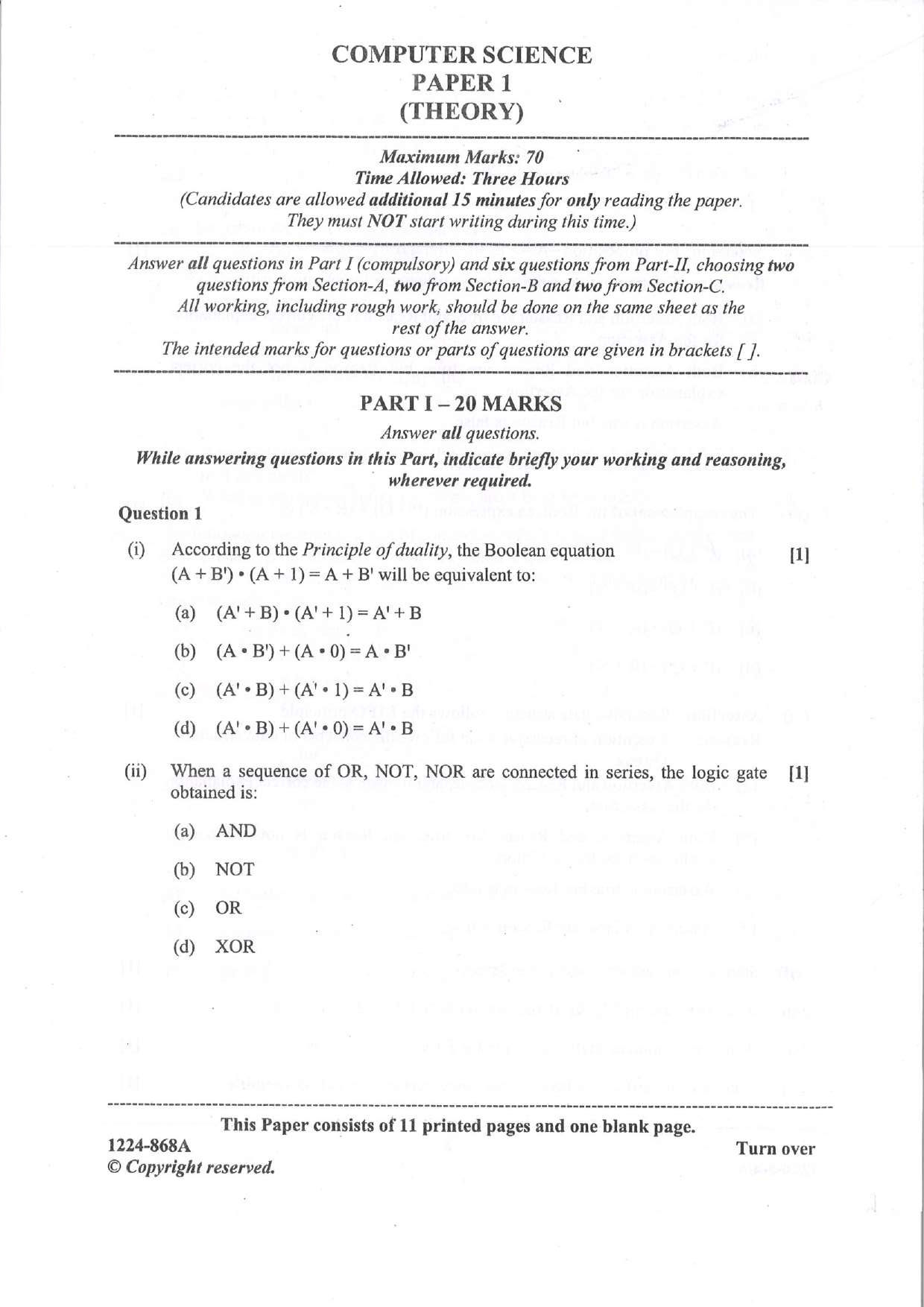 ISC 2024 Computer Science Question Paper for Class 12 — page 1