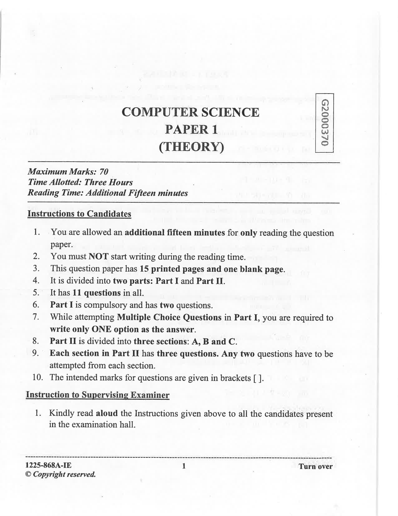 ISC 2025 Computer Science Improvement Examination Question Paper for Class 12 — page 1