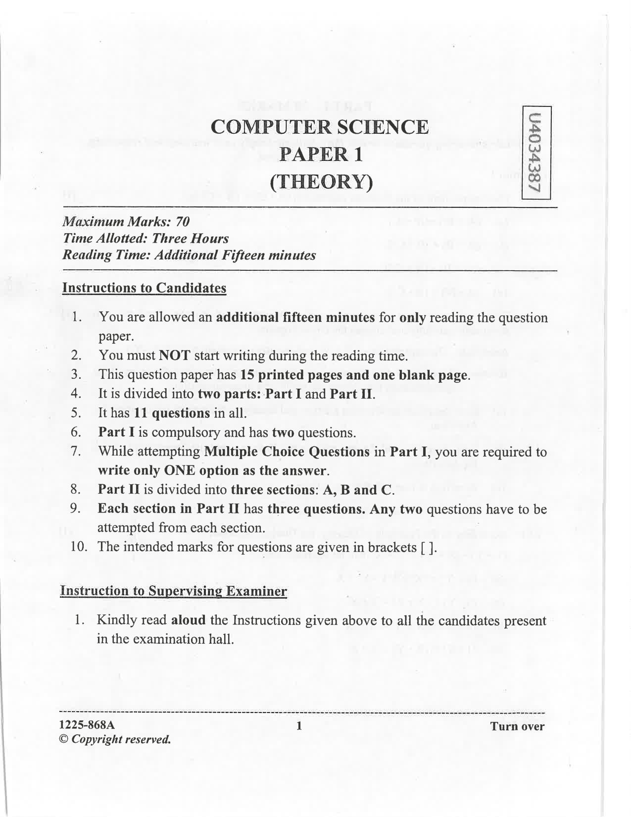ISC 2025 Computer Science Question Paper for Class 12 — page 1