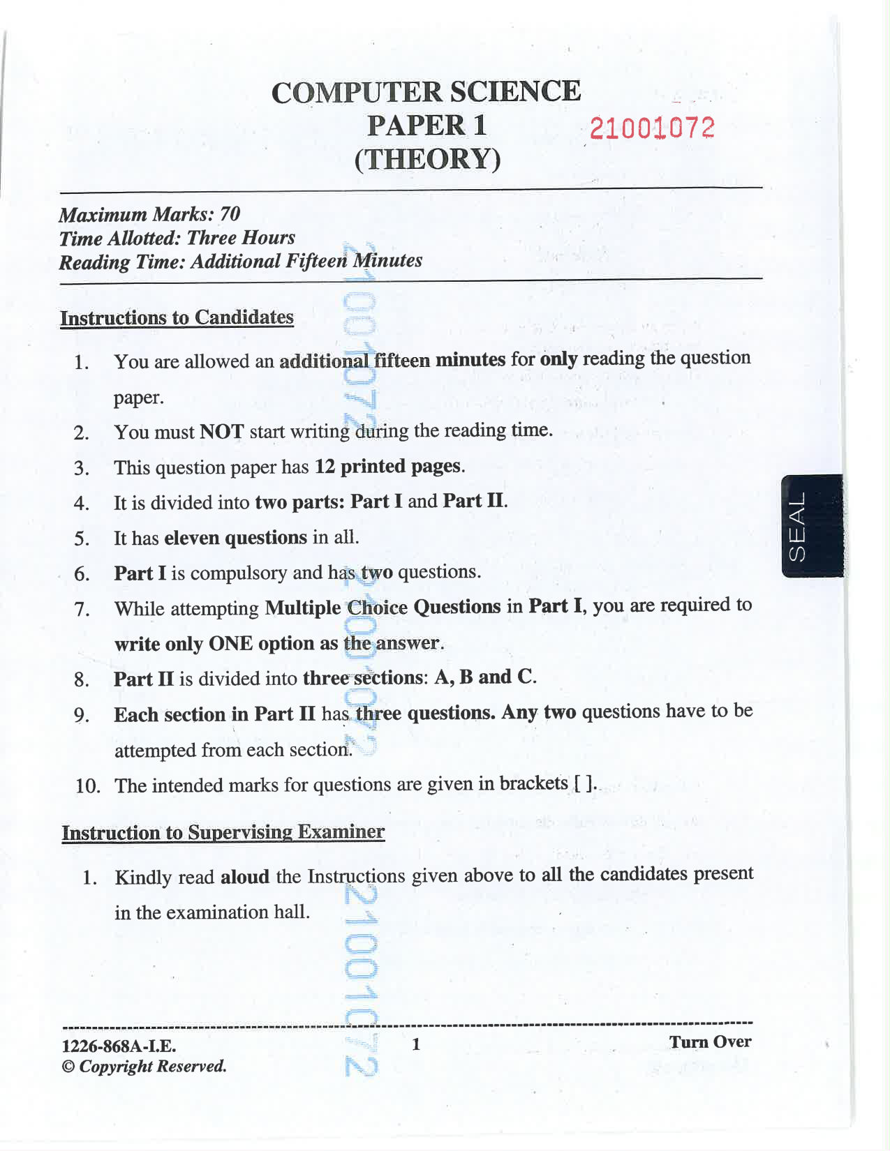 ISC 2026 Computer Science Improvement Examination Question Paper for Class 12 — page 1