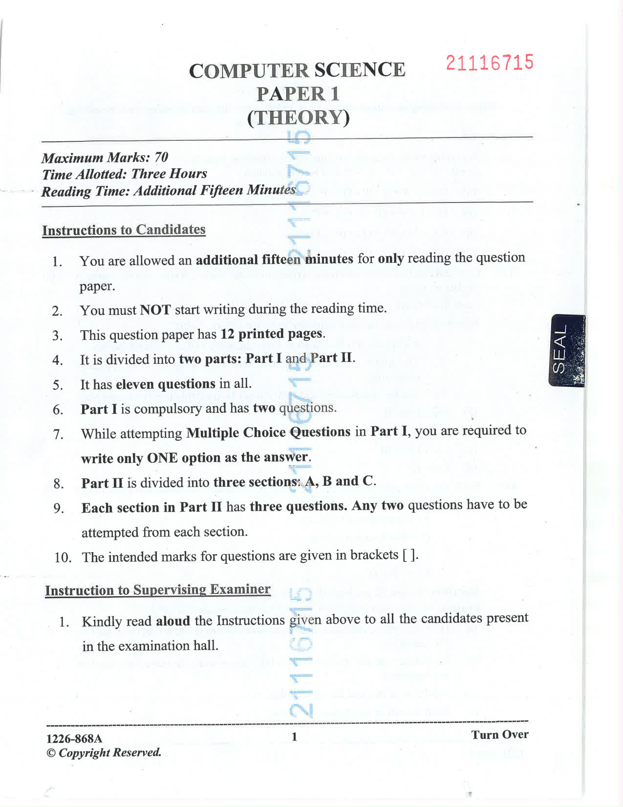 ISC 2026 Computer Science Question Paper for Class 12 — page 1