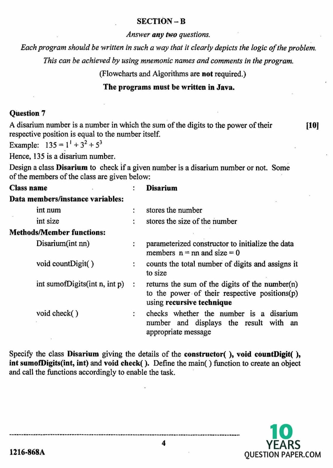 ISC Class 12 Computer Science 2016 Question Paper