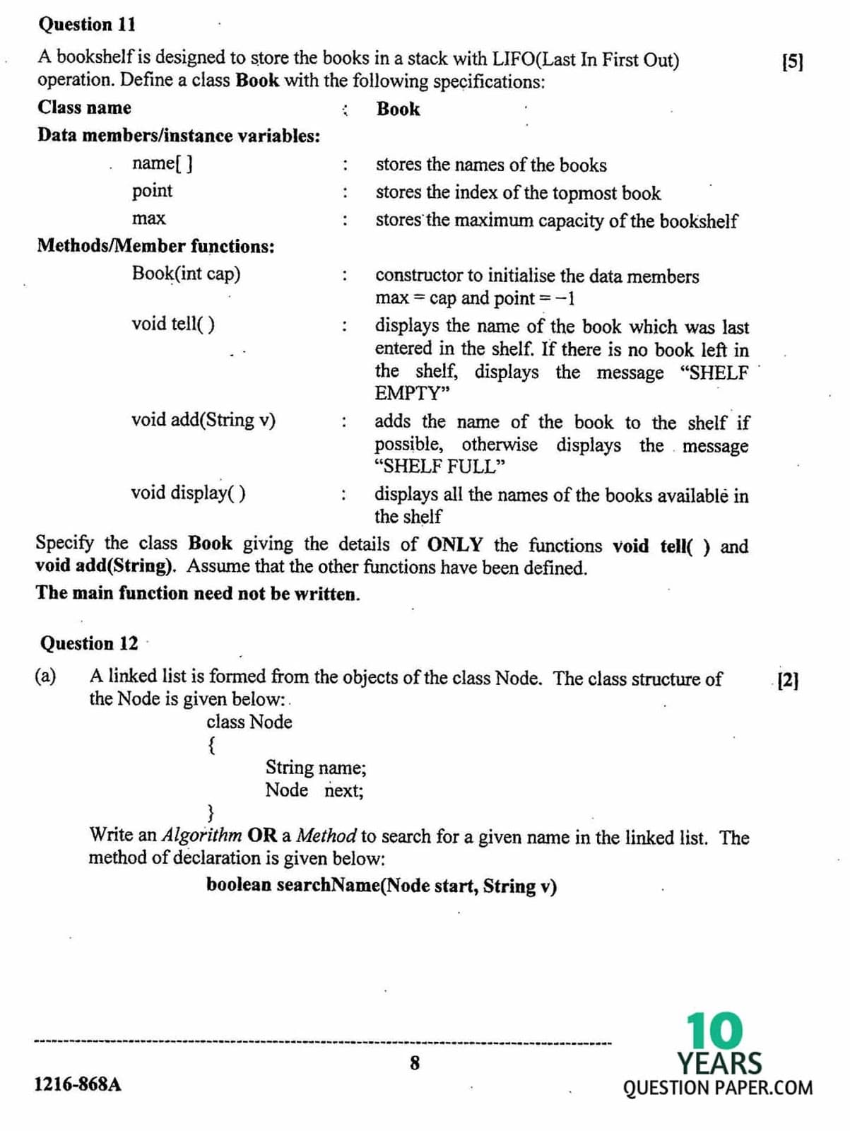 ISC Class 12 Computer Science 2016 Question Paper