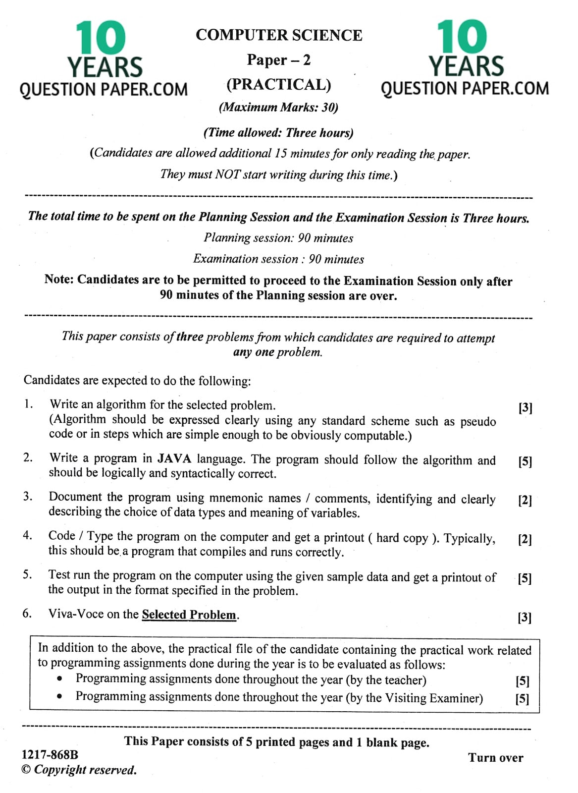 ISC Class 12 Computer Science Practical 2017 Question Paper