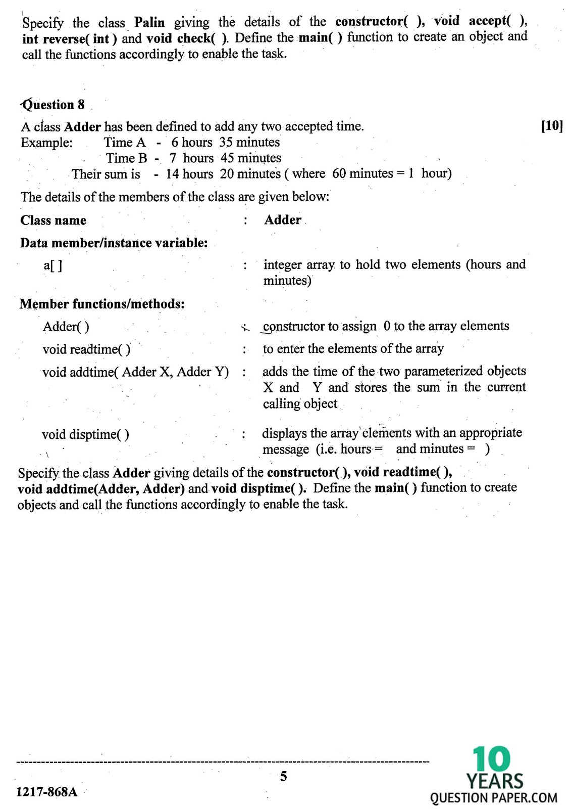 ISC Class 12 Computer Science 2017 Question Paper