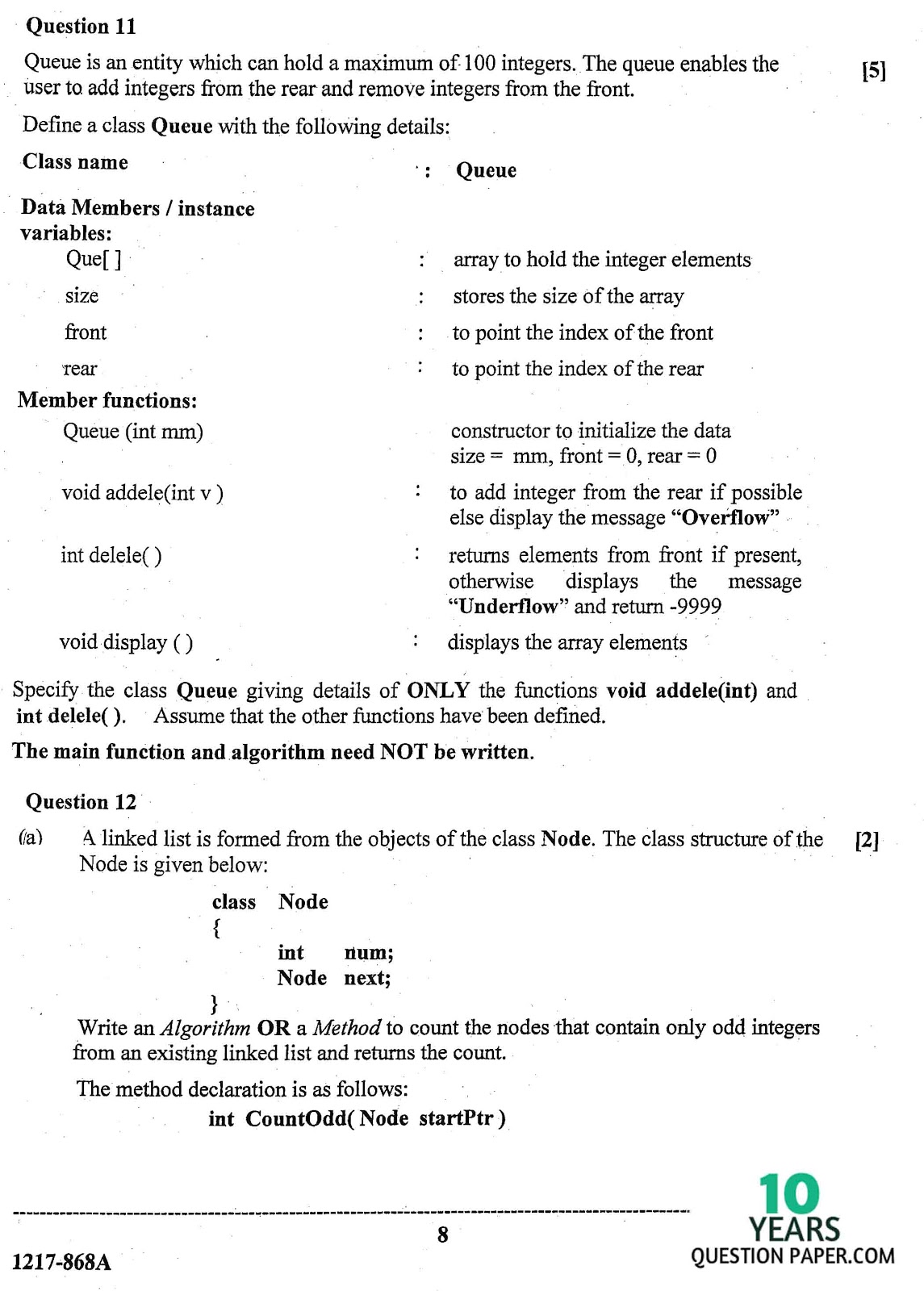 ISC Class 12 Computer Science 2017 Question Paper