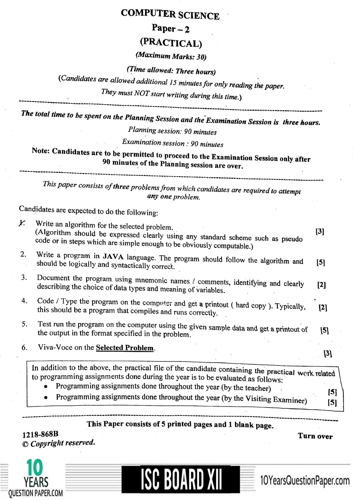 ISC Class 12 Computer Science Practical 2018 Question Paper