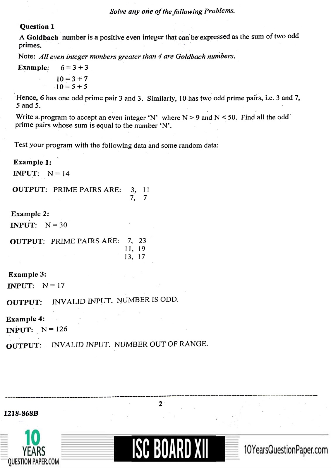 ISC Class 12 Computer Science Practical 2018 Question Paper